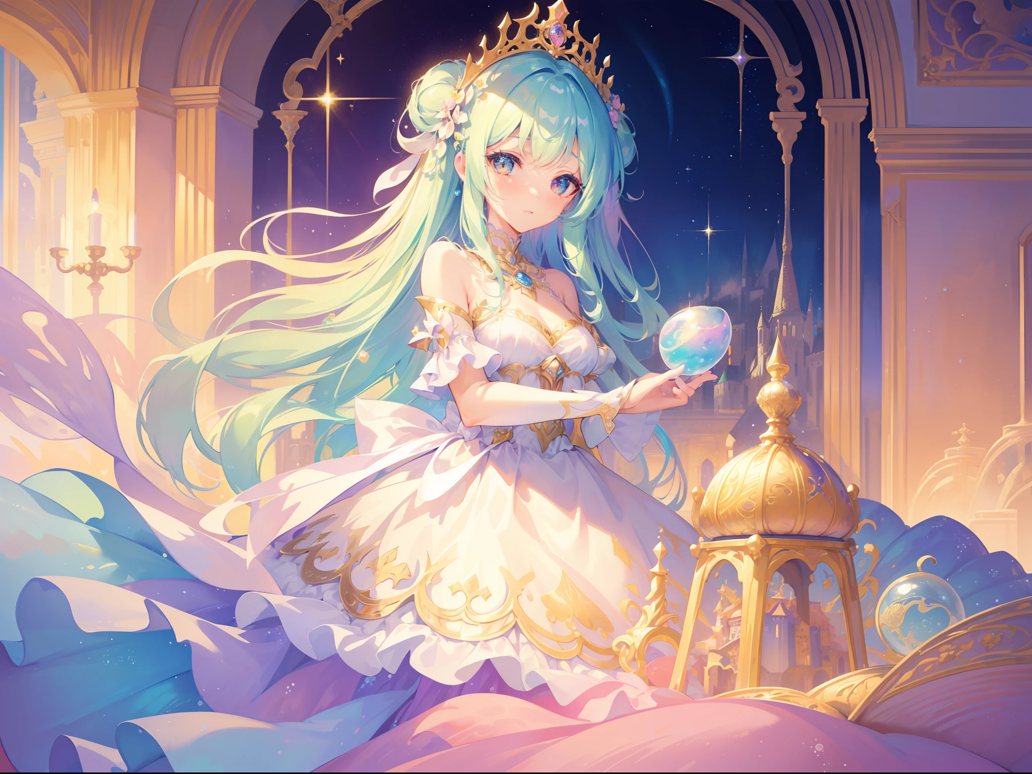 masterpiece, best quality, 8k resolution, sharp focus, intricate detail, beautiful girl, sparkling eyes, golden ratio face, otherworldly liquid, watercolor, ((pastel colors)), bright colors, whimsical, colorful, sharp focus, high resolution, fine detail, princess fantasy ballgown, ((round eyes)), iridescent bubbles, castle landscape in background