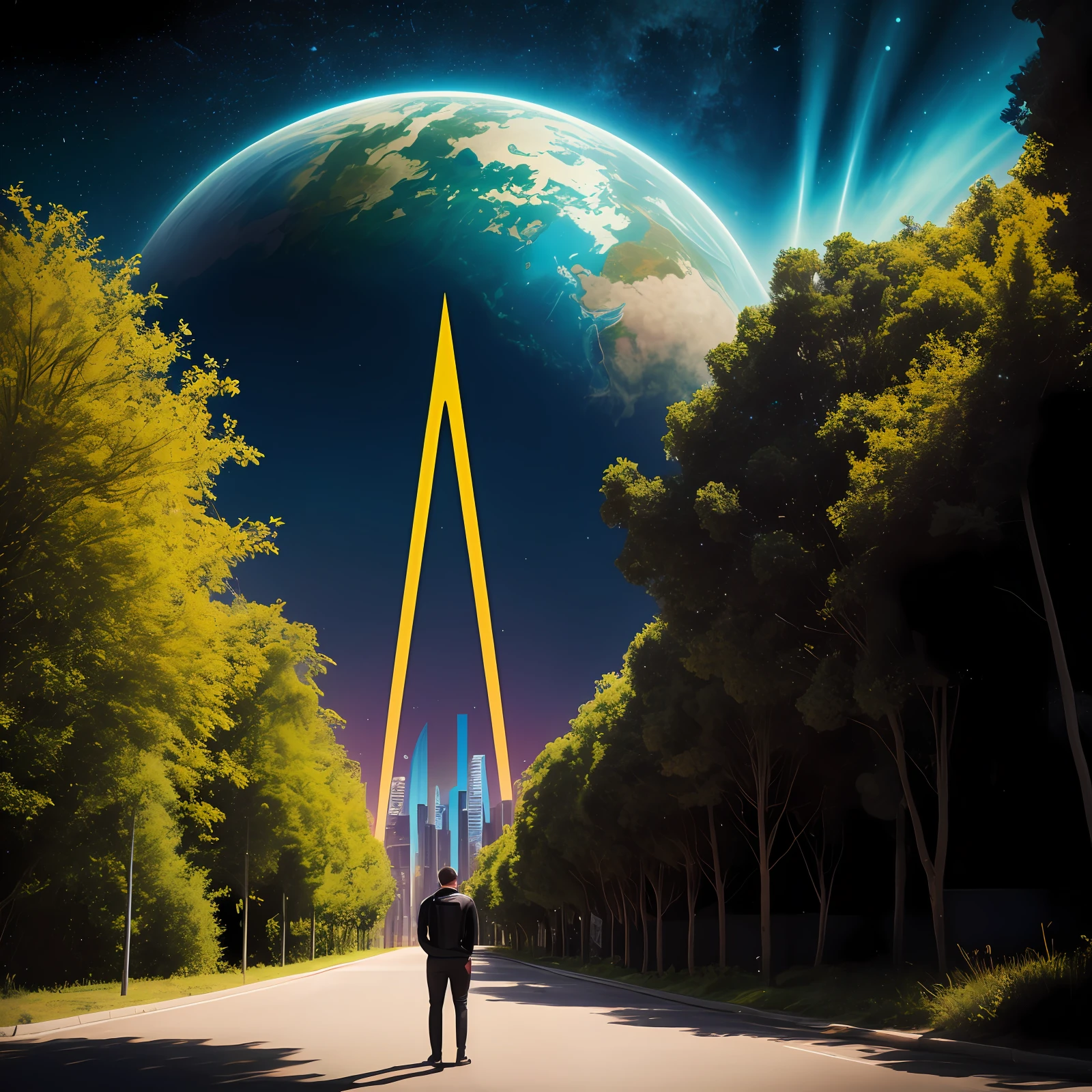 una ciudad futurista en el fondo, escena de noche con cielo estrellado. se nota al fondo un enorme planeta acercandose a la tierra, estrellas fugaces cayendo a la tierra. Photorealistic music album cover, Portada detallada, Hip - Hop album cover, rap album cover, No singer album cover, no text, no title.