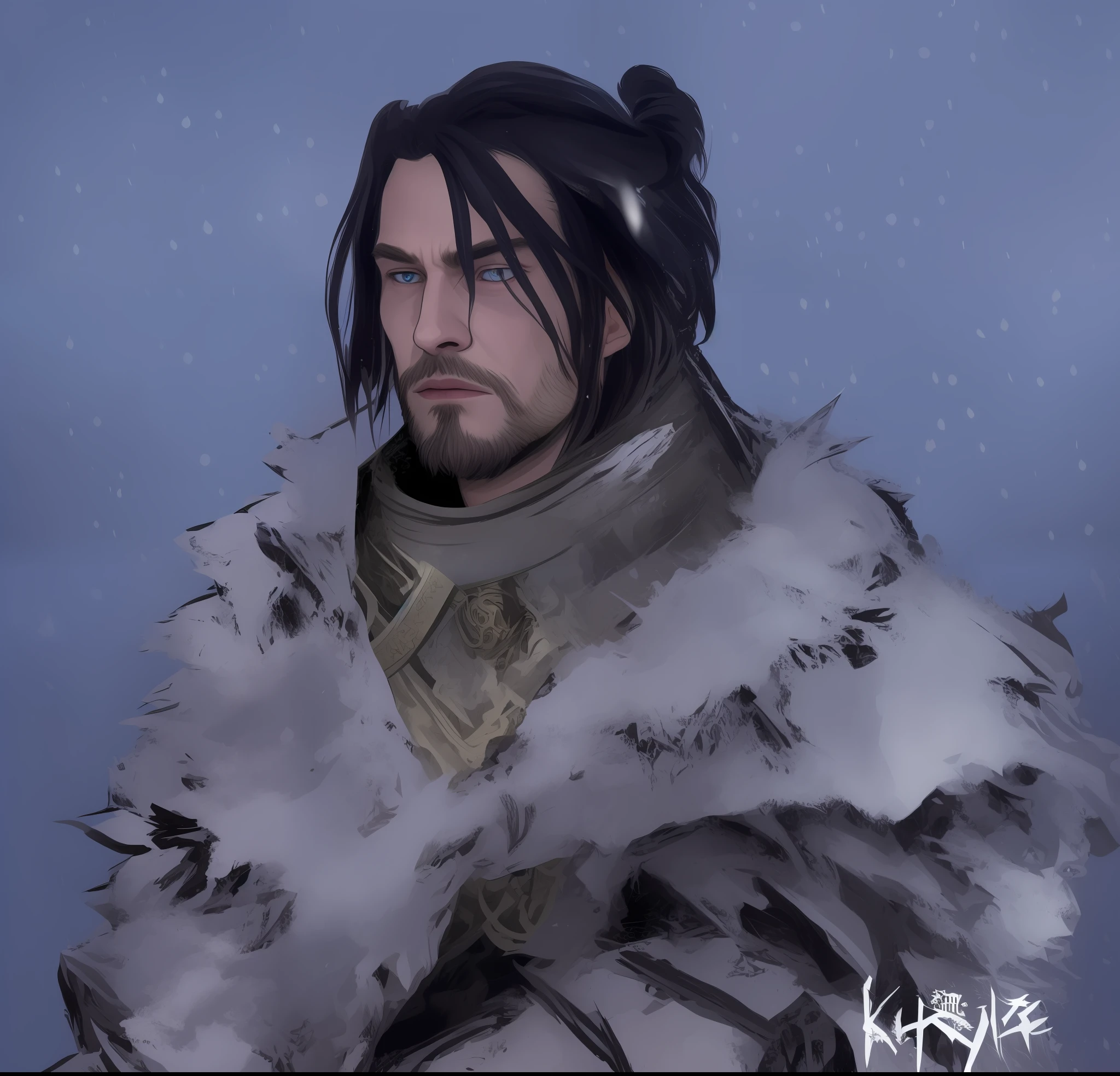 a close up of a man in a fur coat with a sword, inspired in kris from deltarrune, caleb from critical role, hanzo from overwatch, sylas, l critical role, winter concept art, frozen cold stare, inspired by Kieran Yanner, d&d character commission, cushart krenz, inspired by Tyler Jacobson, :: rossdraws longsword, sword, ??????? sword