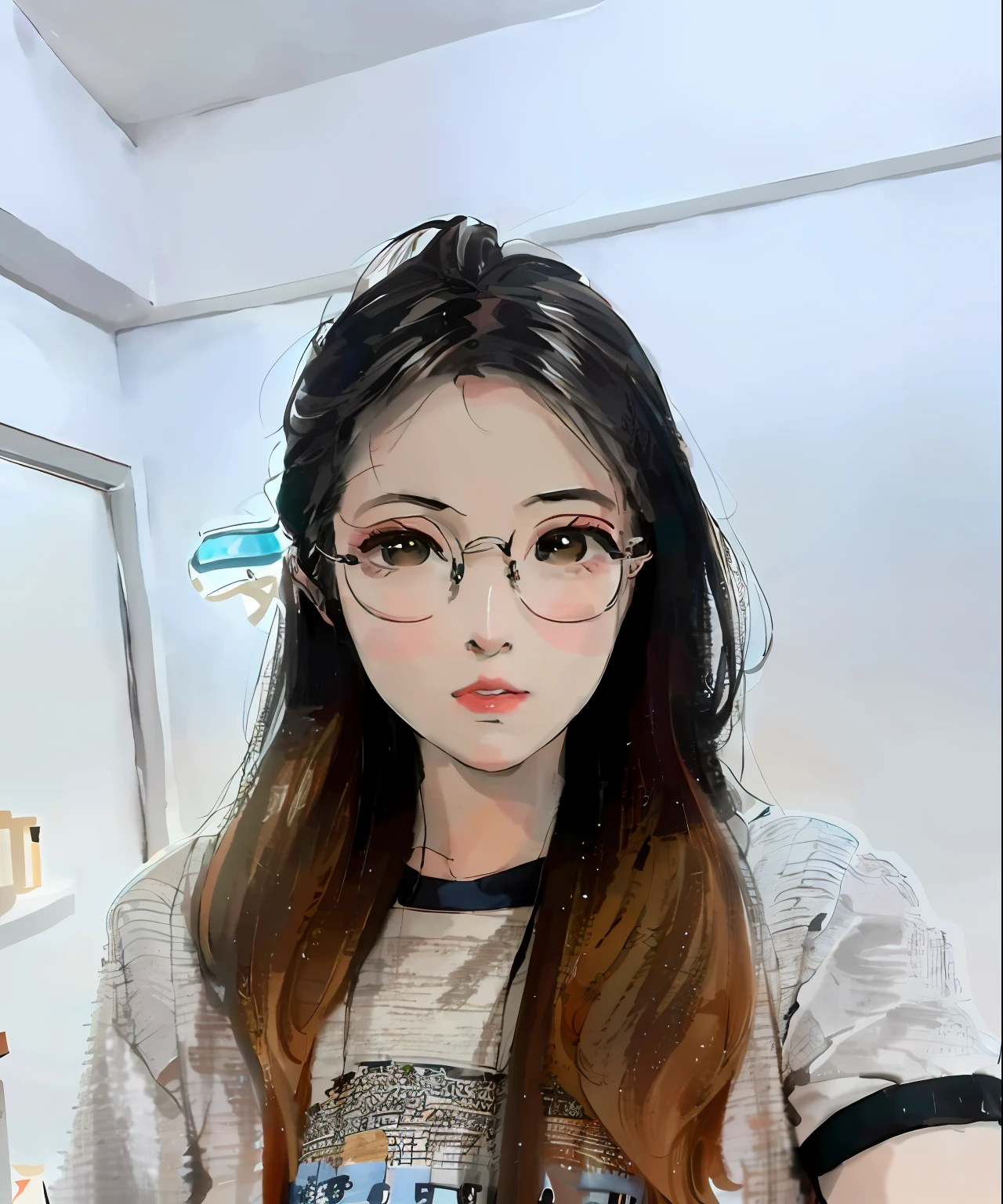 There was a woman wearing glasses taking a selfie, With glasses, wearing thin large round glasses, wenfei ye, wearing small round glasses, 8k selfie photograph, xintong chen, yanjun cheng, xision wu, Li Zixin, with square glasses, Lin Qifeng, eye glass, chengyou liu, 19-year-old girl