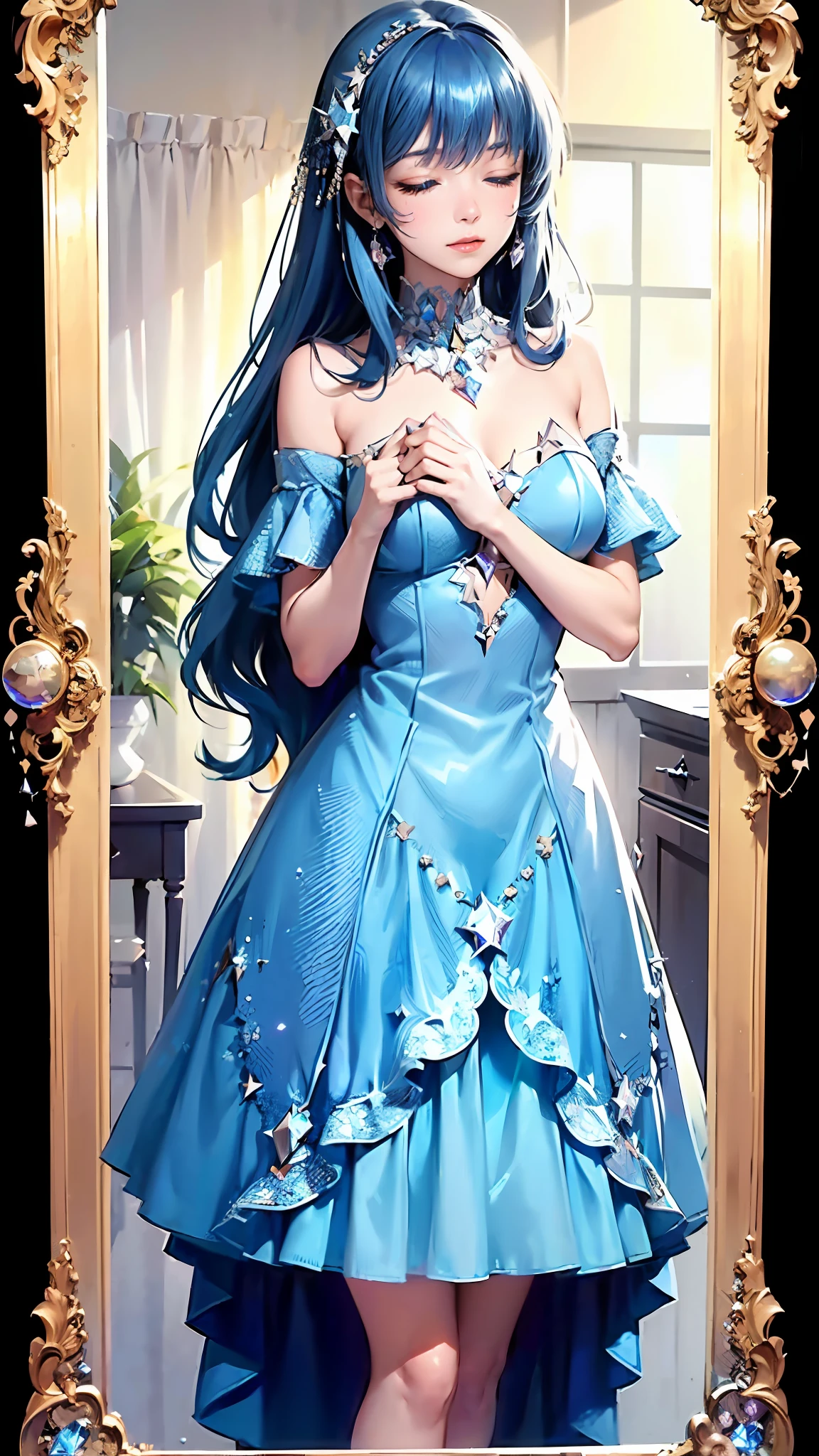 a girl ,(dress covered in crystals:1.3),long blue hair,eyes closed,Put her hands around her chest,(The mirror broke into countless pieces:1.5)