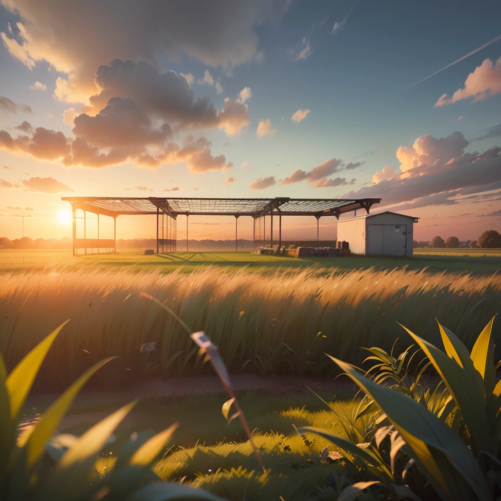 The bright, setting sun behind a solar panel structure over a field of green grass 4K --auto --s2