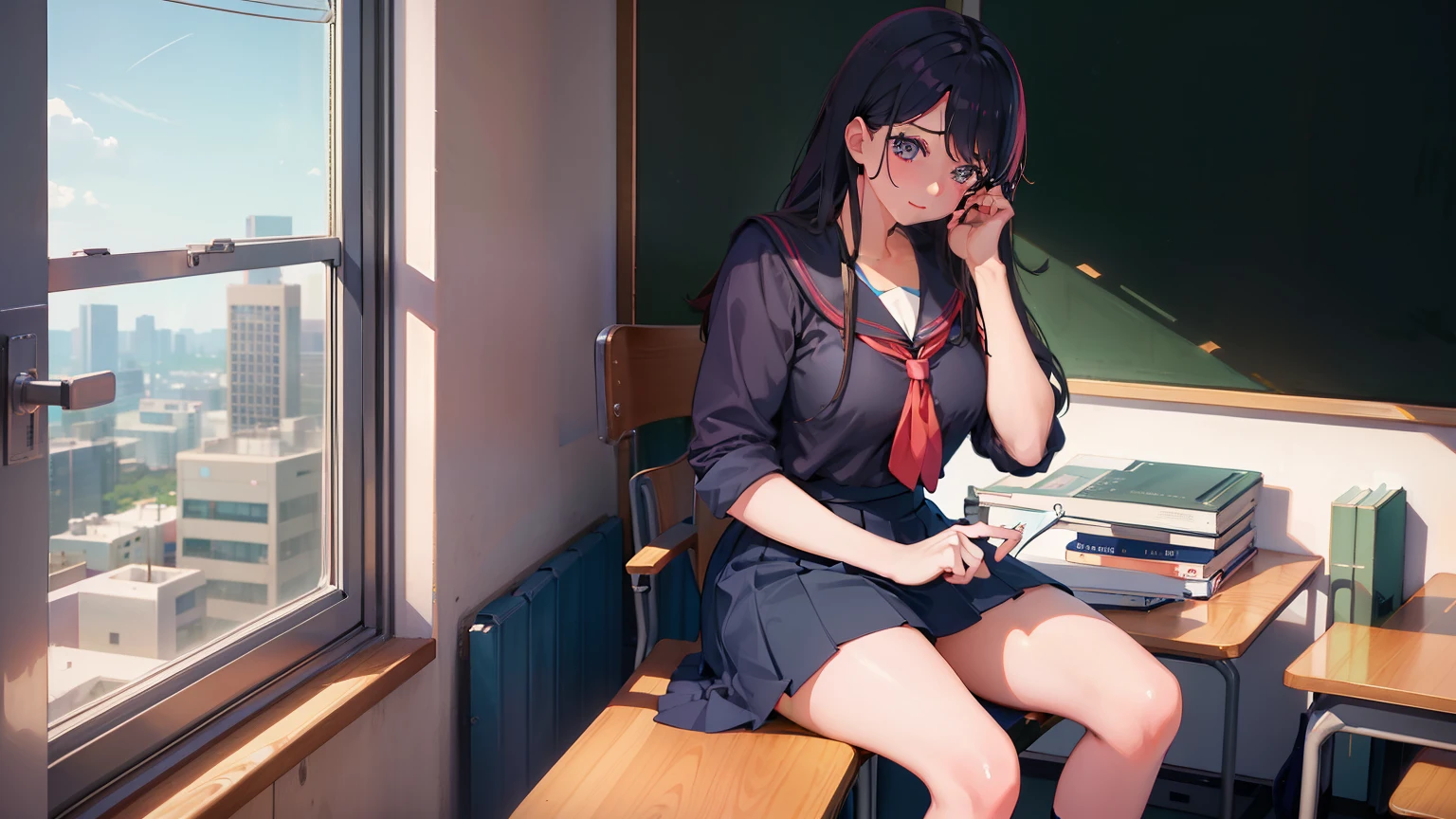 Anime girl sitting on desk with mobile phone in hand, Seductive Anime Girl, a hyperrealistic schoolgirl, Realistic Schoolgirl, beautiful anime high school girl, a hyperrealistic schoolgirl, School Girl, Cute Schoolgirl, beautiful alluring anime , Ecchi, Ecchi anime style, charming anime girls, Anime Girls, Ecchi style