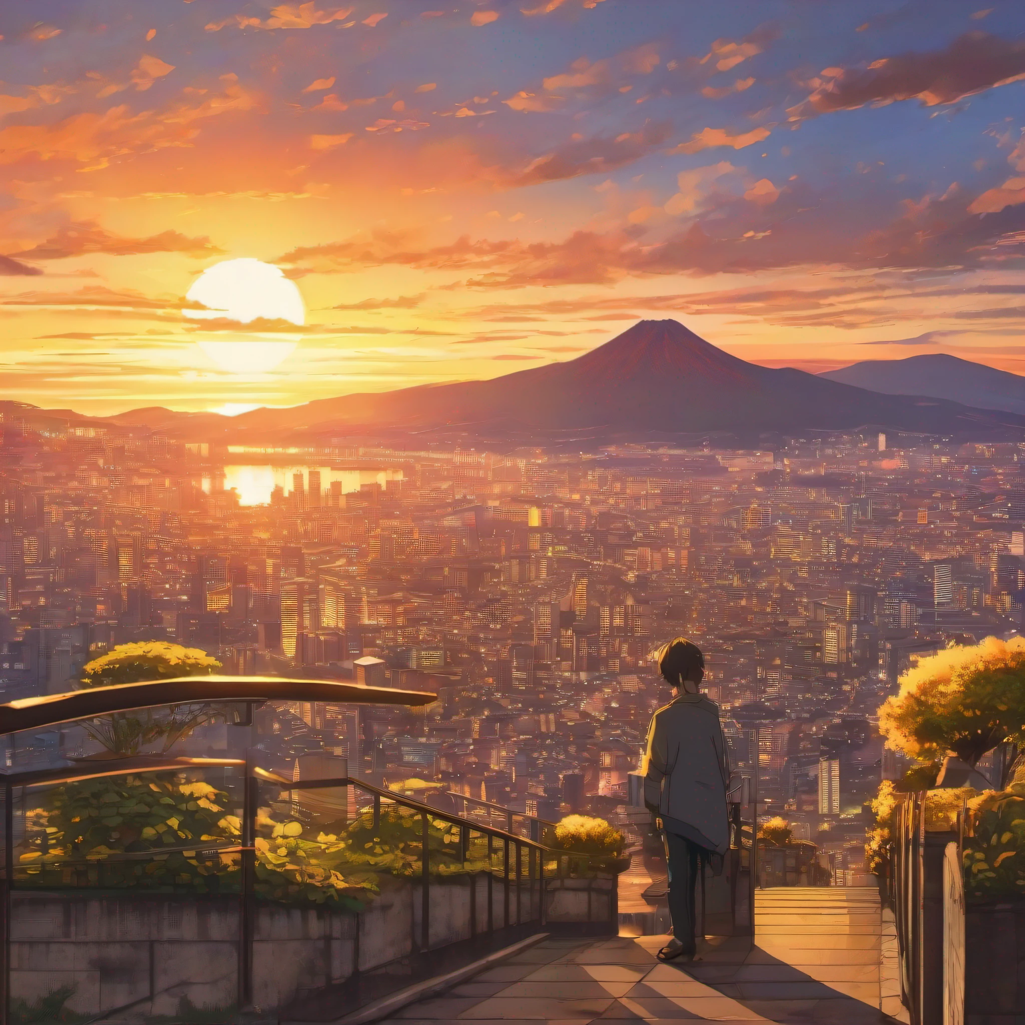 um homem, de costas, olhando uma paisagem linda, por-do-Sol, cidade japonesa, yellowish lighting, Radiant sky