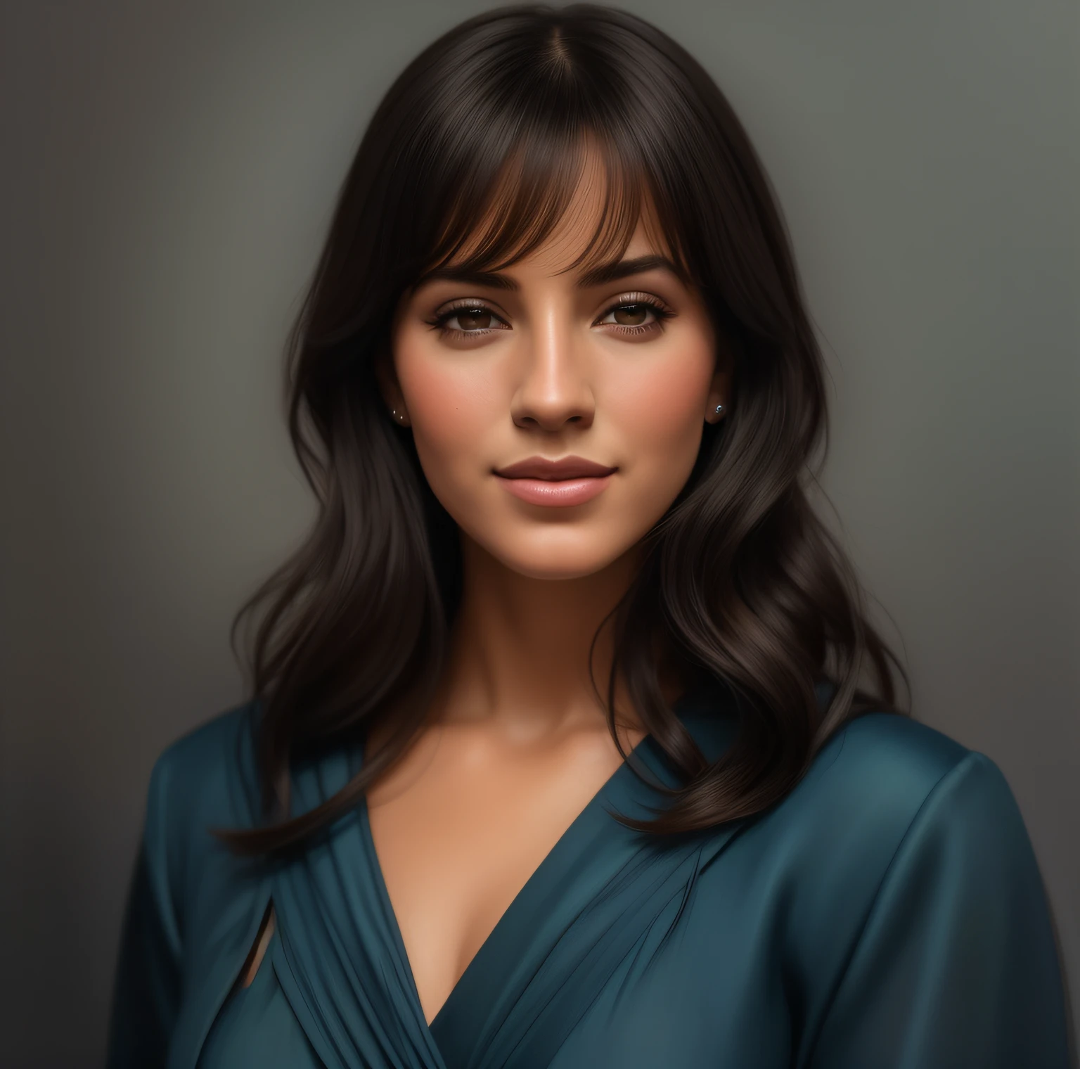 mulher arafed com longos cabelos castanhos e vestido azul posando para uma foto, retrato feminino realista, Realistic portrait, arte digital de um elegante, realistic digital illustration, Foto retrato realista, retrato de alta qualidade, Pintura digital realista, retrato colorido detalhado, rosto bonito realista, Retrato digital, No Bowater Art Style, Estilo de arte realista, digital illustration portrait, pintura digital dos desenhos animados