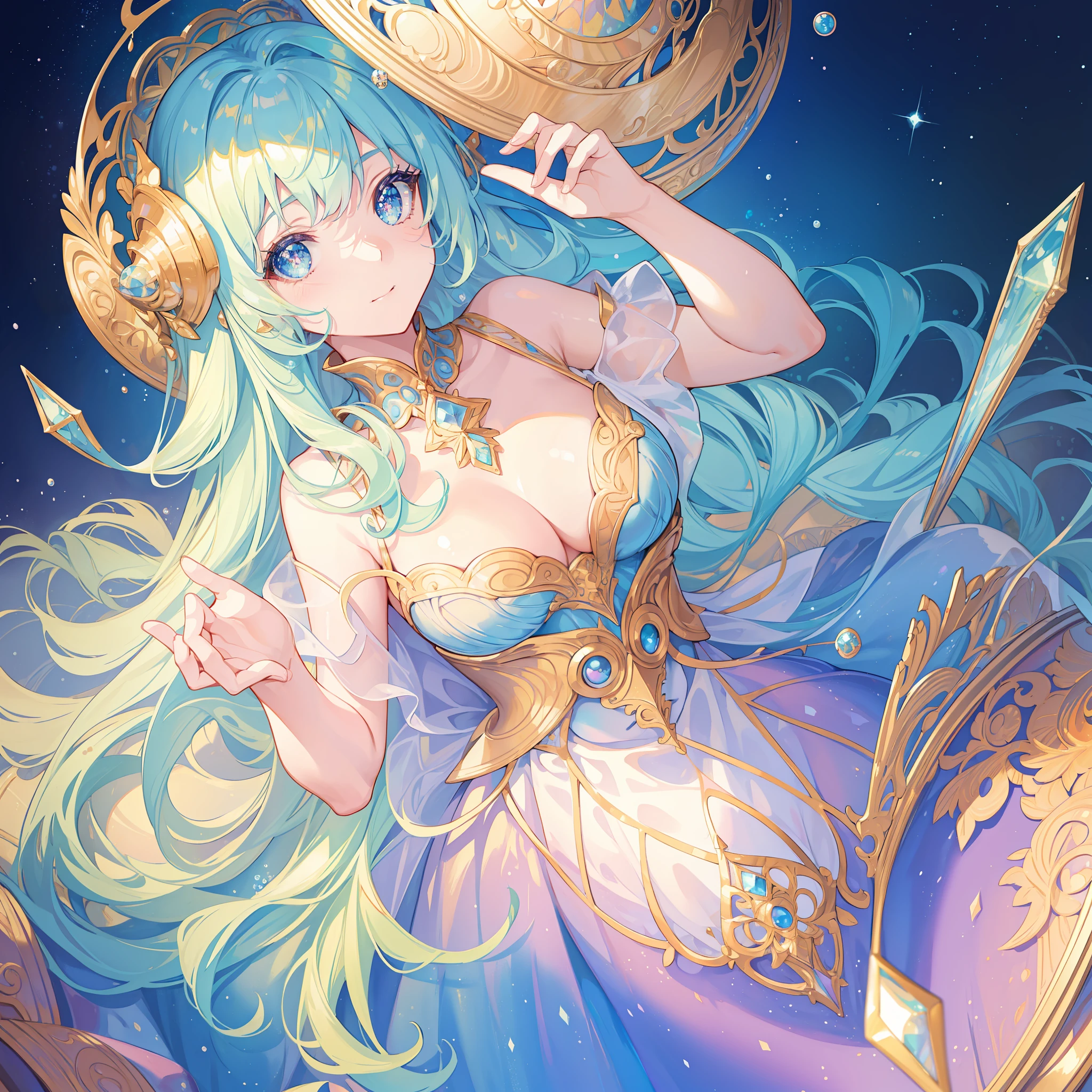 masterpiece, best quality, 8k resolution, sharp focus, intricate detail, beautiful girl, sparkling eyes, golden ratio face, otherworldly liquid, watercolor, ((pastel colors)), bright colors, whimsical, colorful, sharp focus, high resolution, fine detail, princess fantasy ballgown, ((round eyes)), iridescent bubbles, castle landscape in background