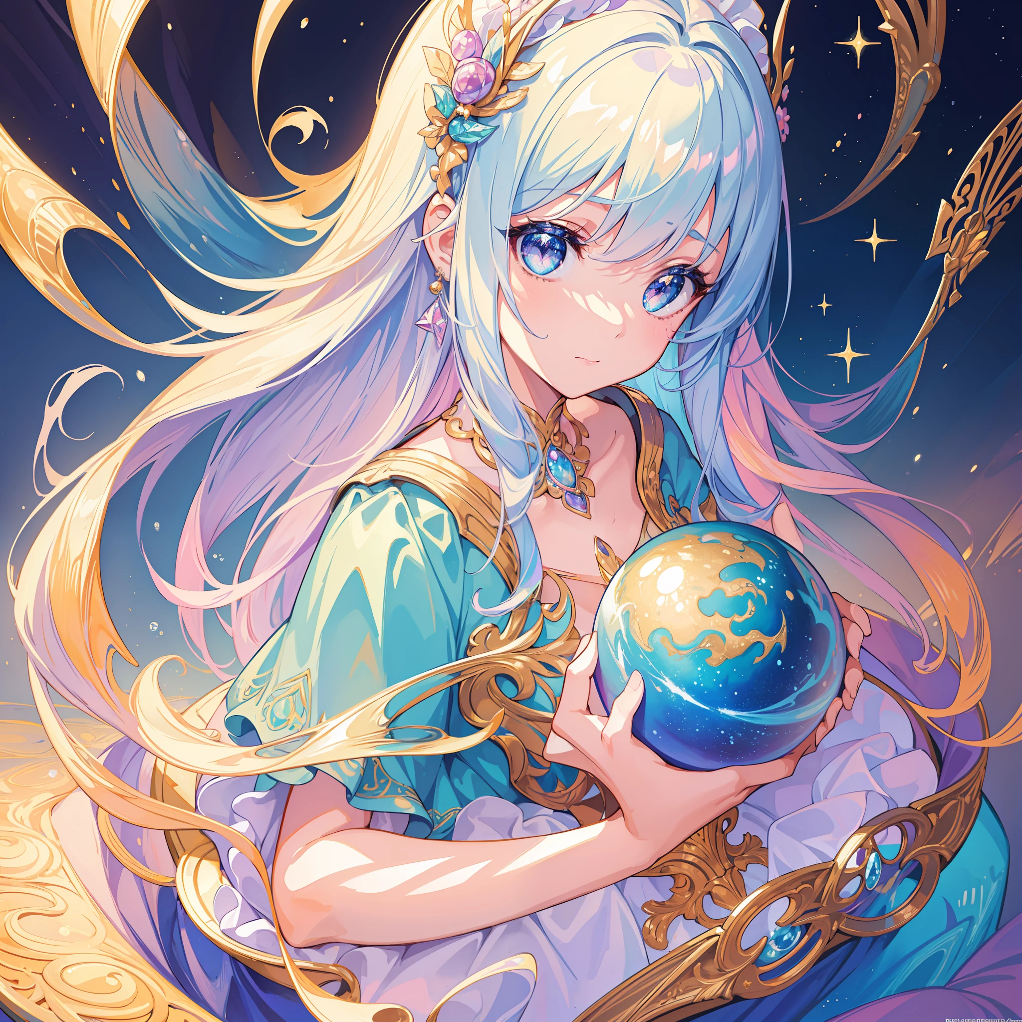 masterpiece, best quality, 8k resolution, sharp focus, intricate detail, beautiful girl, sparkling eyes, golden ratio face, otherworldly liquid, watercolor, ((pastel colors)), bright colors, whimsical, colorful, sharp focus, high resolution, fine detail, princess fantasy ballgown, ((round eyes)), iridescent bubbles, castle landscape in background