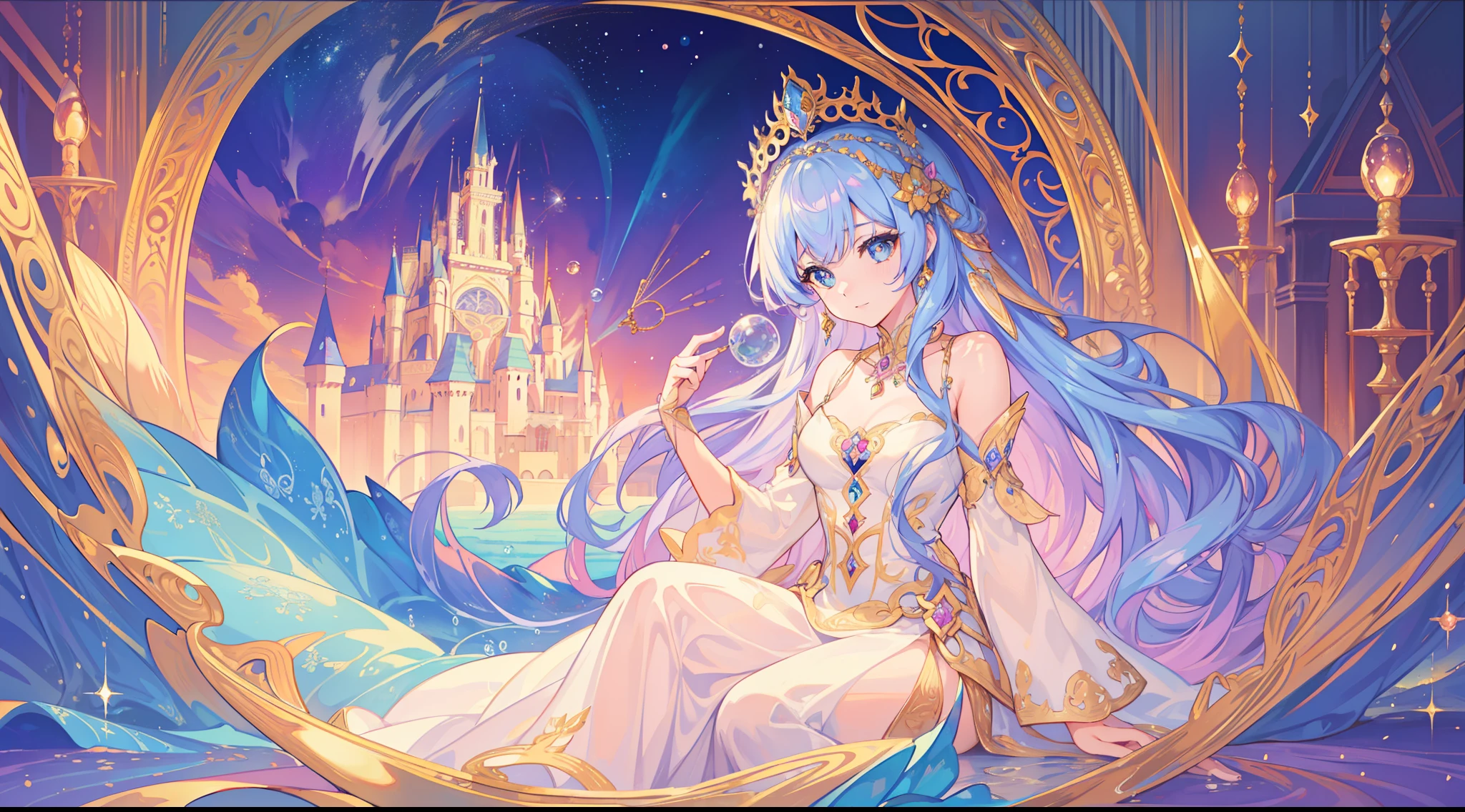 masterpiece, best quality, 8k resolution, sharp focus, intricate detail, beautiful girl, sparkling eyes, golden ratio face, otherworldly liquid, watercolor, ((pastel colors)), bright colors, whimsical, colorful, sharp focus, high resolution, fine detail, princess fantasy ballgown, ((round eyes)), iridescent bubbles, castle landscape in background