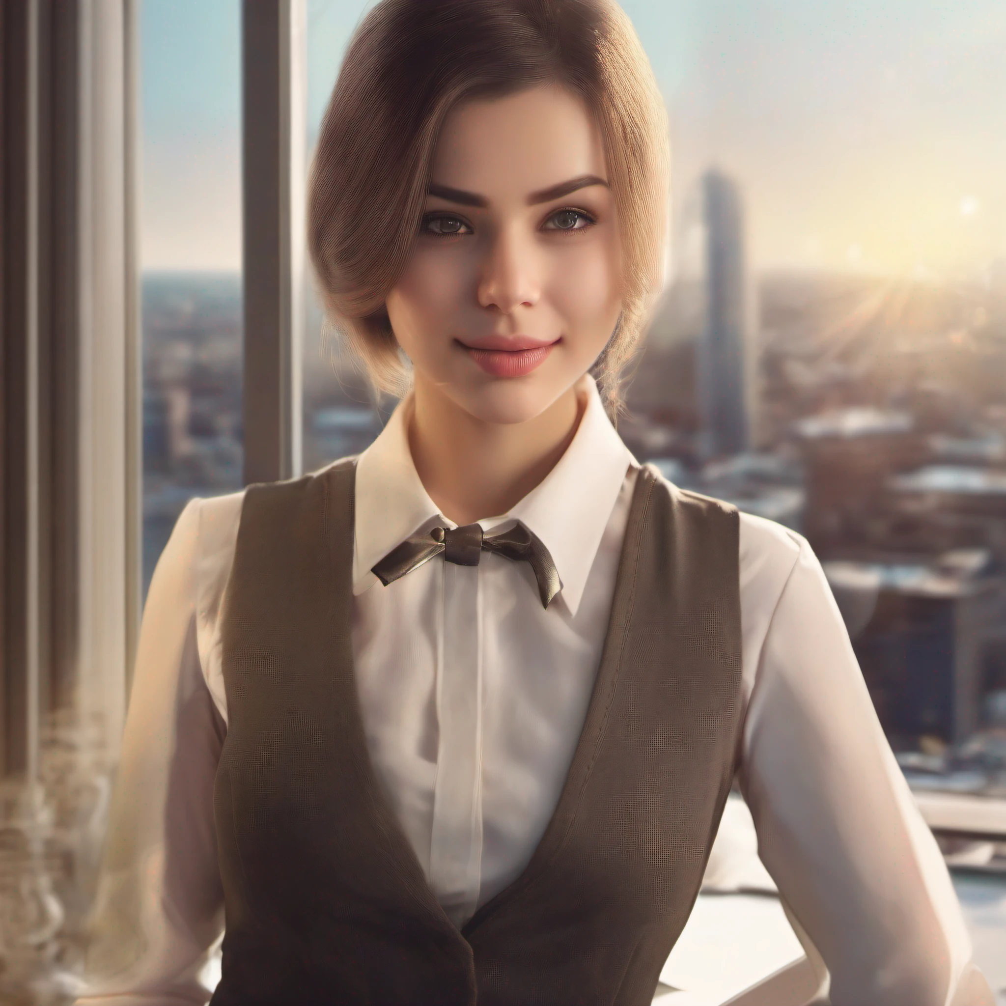 1girl, matured female, vest, bow, photo, realistic, best quality, hires, detailed face, office, buildings from window, detailed background, diffused sunlight, depth of field, bokeh