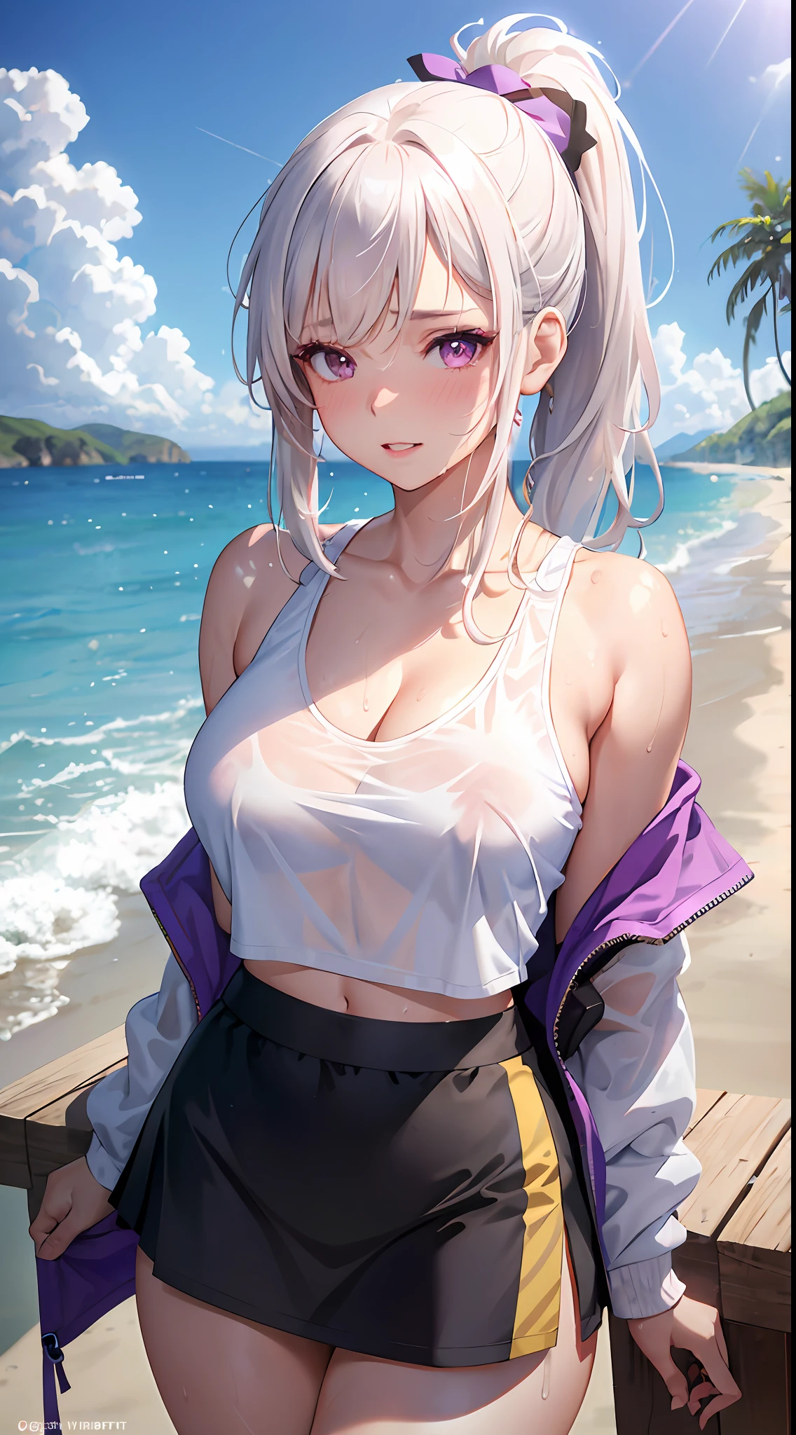 realistic, 1girl, ponytail, parted lips, blush, makeup, light smile, white hair, sportswear, skirt, wet clothes, glow, thighs, purple eye, bare shoulders, collarbone, narrow waist, sunbeam, sunlight, rose, wind, cleavage, (masterpiece), sweat,