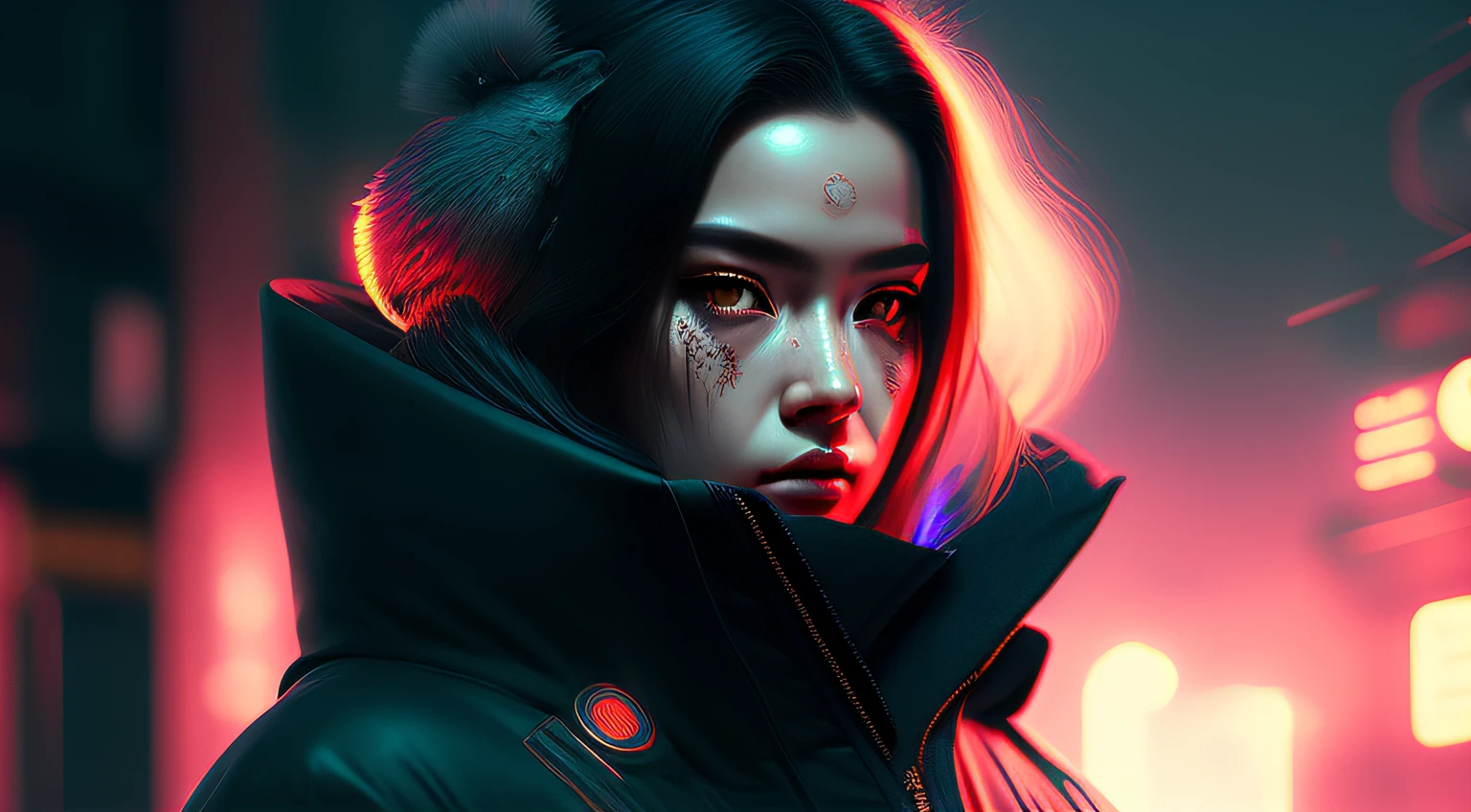 dreamlikeart pltn style, detailed portrait Neon Operator Girl, cyberpunk futuristic neon, reflective puffy coat, decorated with traditional Japanese ornaments by Ismail inceoglu dragan bibin hans thoma greg rutkowski Alexandros Pyromallis Nekro Rene Maritte Illustrated, Perfect face, fine details, realistic shaded, fine-face, pretty face, cute big circular reflective eyes, Pixar render, unreal engine cinematic smooth, intricate detail