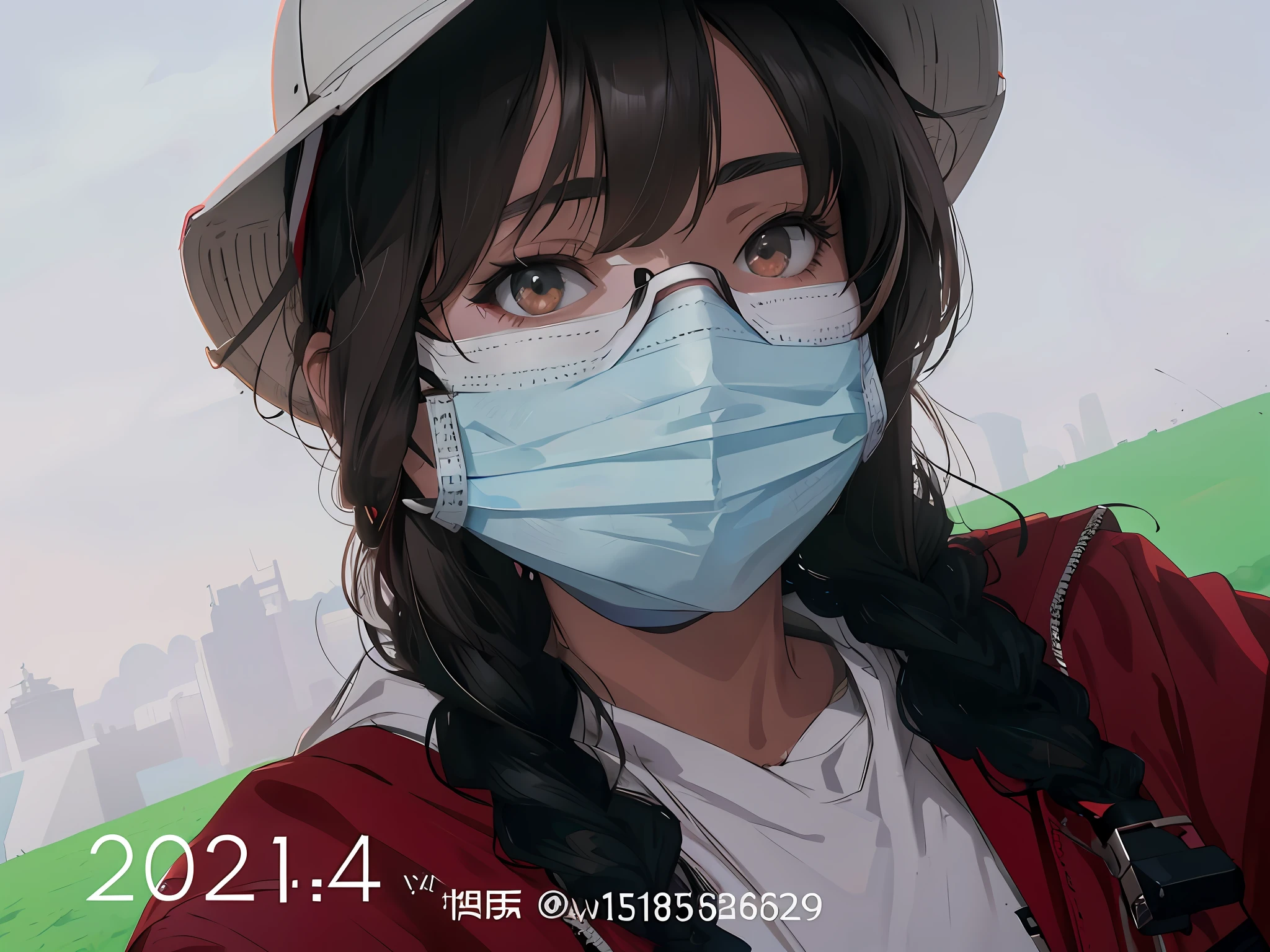 Anime girl wearing mask and hat,The background is a city, Guviz-style artwork, 8K)), trending on cgstation, Realistic anime 3 D style, Guviz, Anime style. 8K, Digital anime illustration, clean artstyle, 🤤 girl portrait, drawn in anime painter studio, Smooth anime CG art