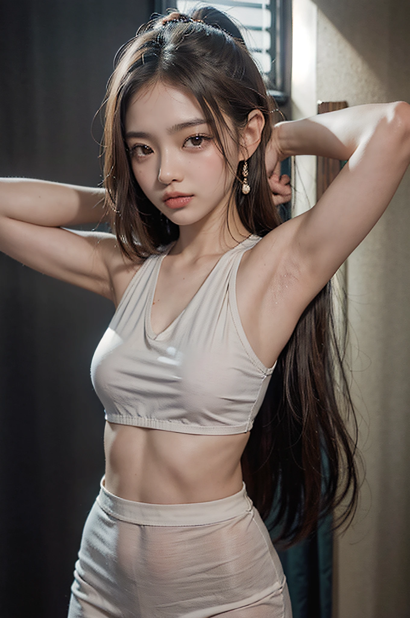 arafed asian woman in white top posing for a picture, Armpit, Gorgeous young Korean woman, beautiful Korean women, Beautiful young Korean woman, of taiwanese girl with tattoos, korean female fashion model, Korean Girl, gorgeous chinese model, Beautiful Asian Girl, Korean Woman, Beautiful Asian Woman, Beautiful young asian woman, 2 female model、Sweaty