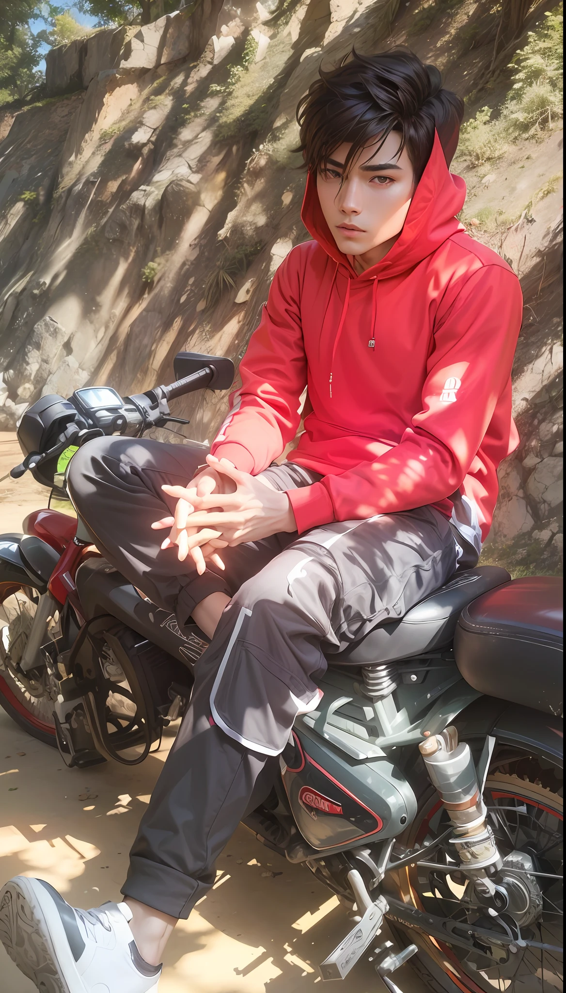 (absurdres, highres, ultra detailed, HDR), masterpiece, best quality, 1boy, solo, handsome, Korean hair style, dark brown hair, (red hoodie jacket), (pale and white skin), look at viewer, sun glasses, sitting on bike, park in background
