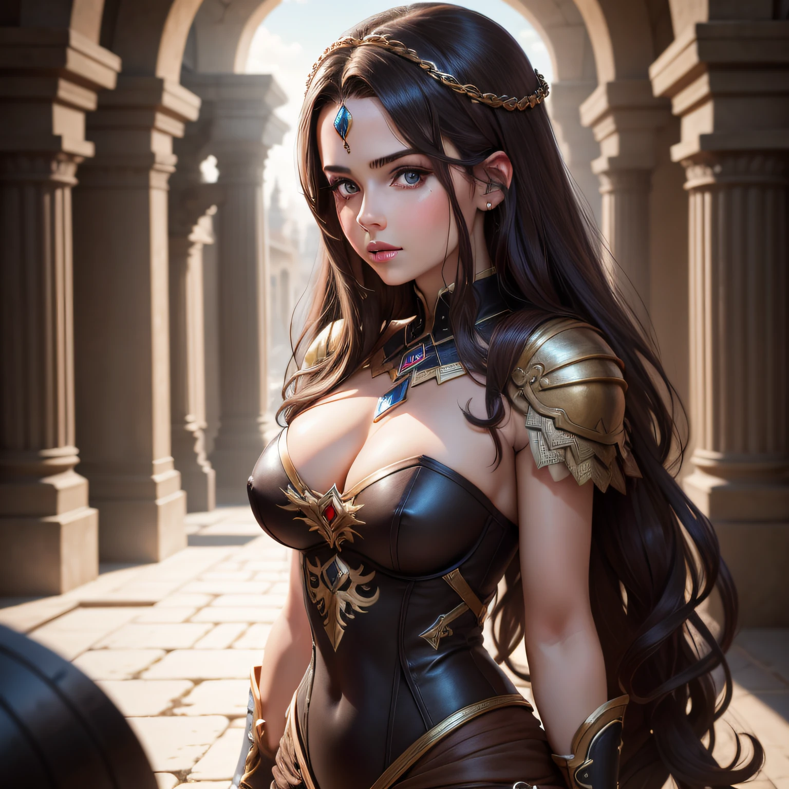 beste-Qualit, Shedever, 8K, super realism, a goddess, dark colored hair, brown eye, in the background Olympus