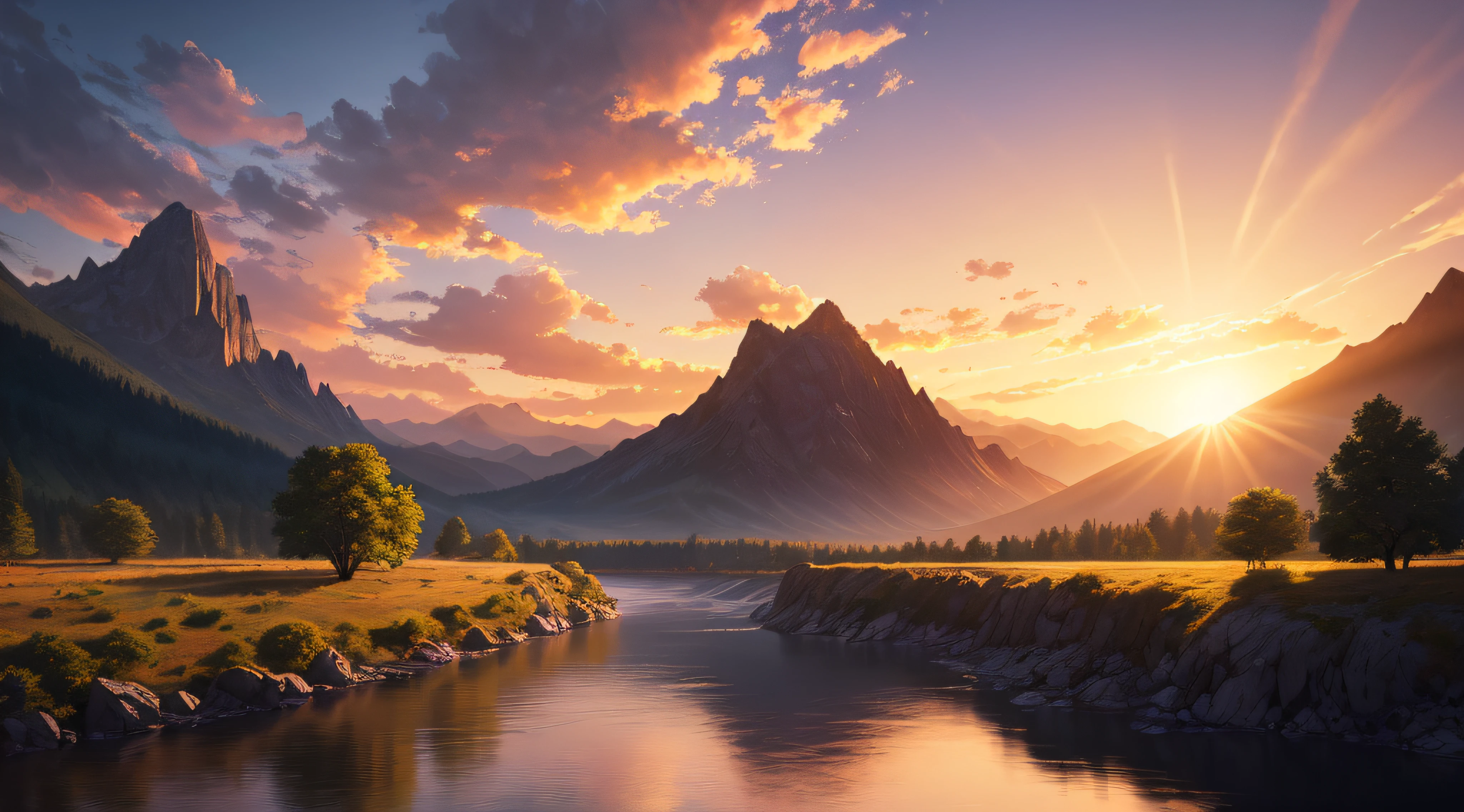 Dusk, river bank, colorful sky, orange-red sun, big mountains, distant mountains, silhouette, beautiful scenery, (very detailed CG unity 8k wallpaper), (best quality), illustration: 1.0), epic composition, realistic lighting, high-definition details , masterpiece, best quality