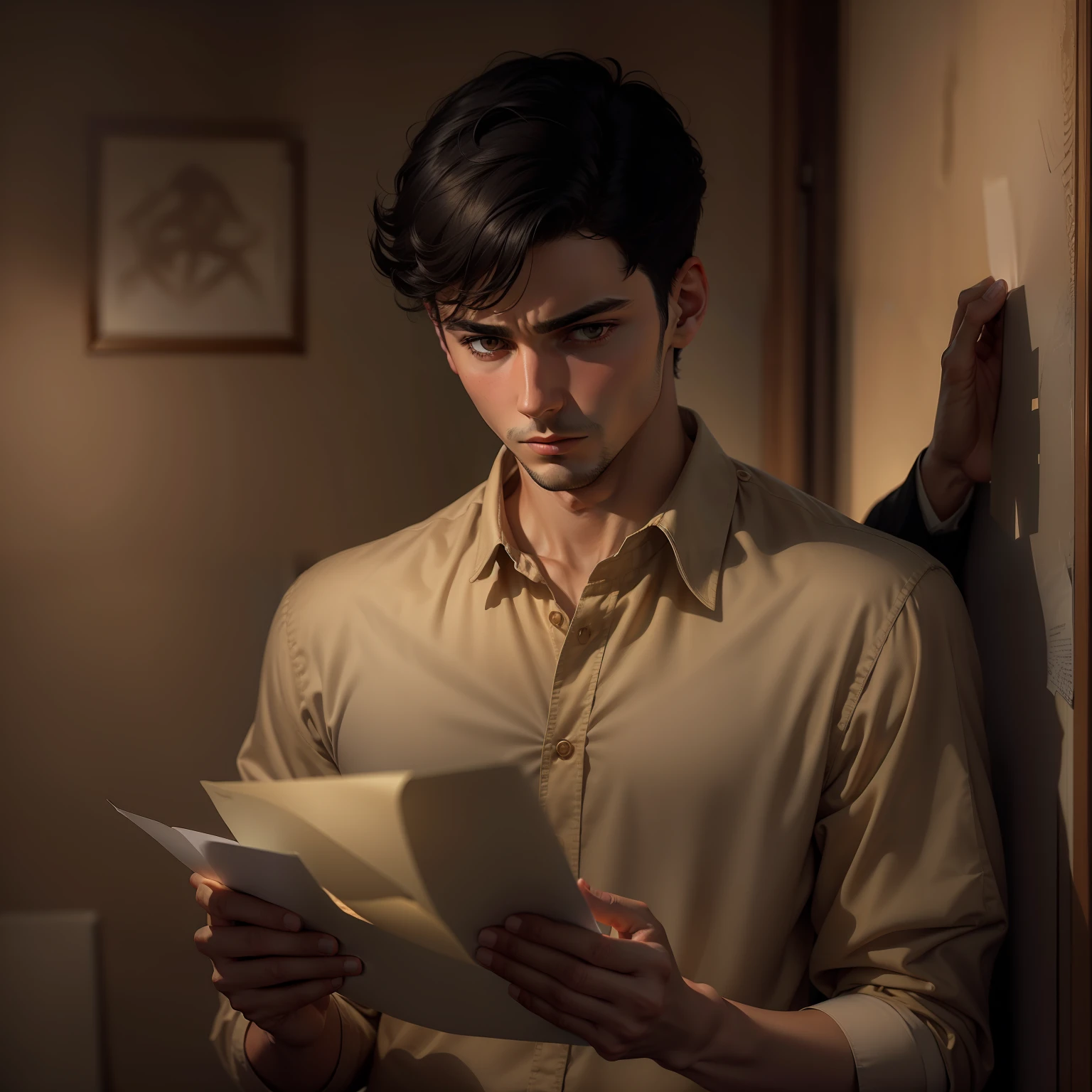 Ultra realistic image of a 25 year old man, short black hair, dressed in a beige blouse and beige pants, holding an envelope in his hands, looking at the envelope, sad expression, scenery of a dimly lit room at night