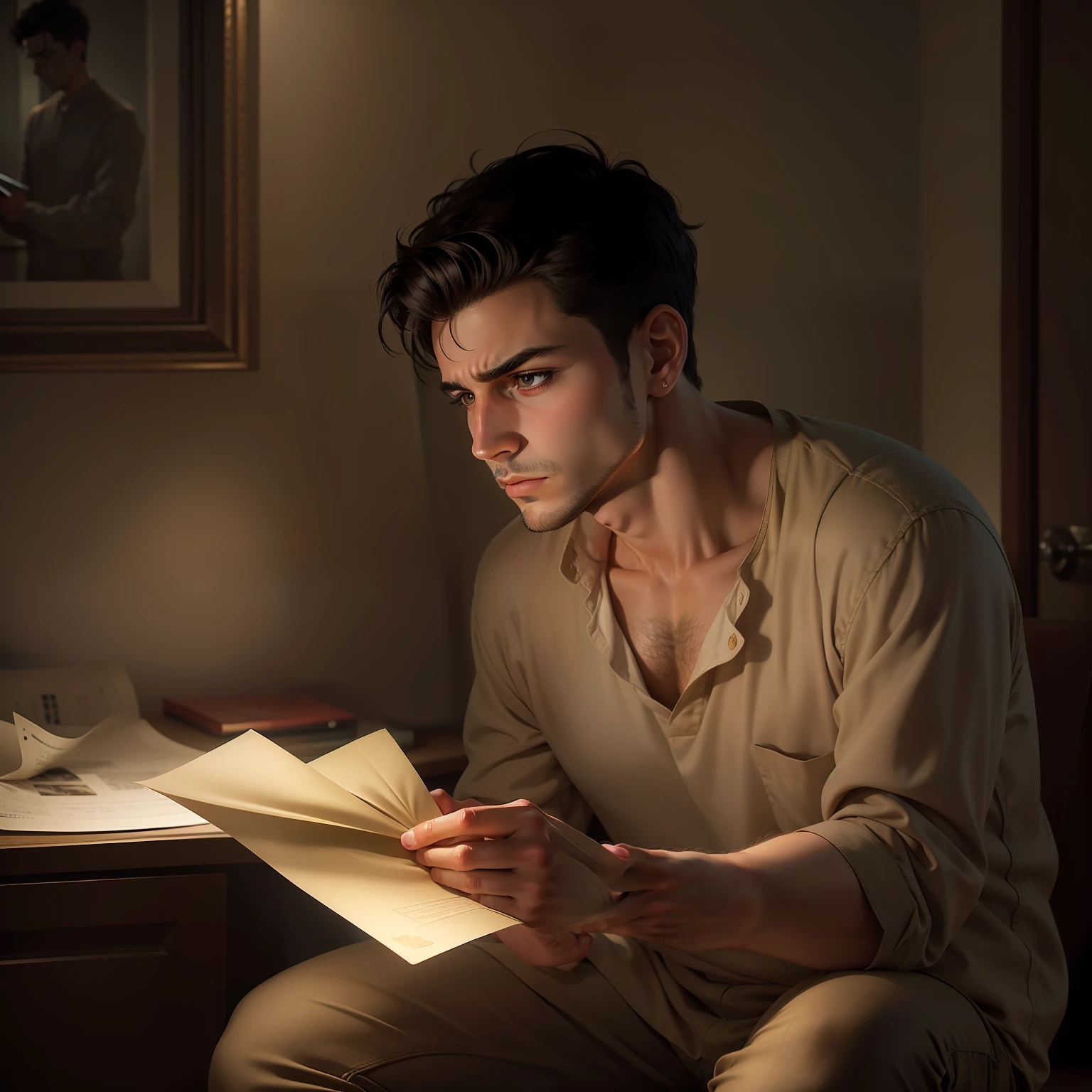 Ultra realistic image of a 25 year old man, short black hair, dressed in a beige blouse and beige pants, holding an envelope in his hands, looking at the envelope, sad expression, scenery of a dimly lit room at night