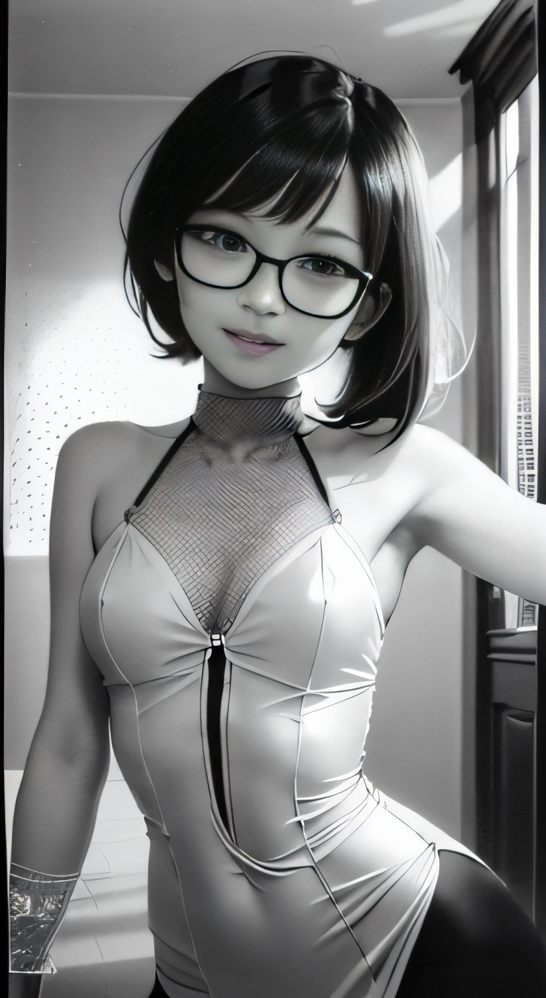 fullllbody, long-one-piece dress, Light and shadow, Magazine Cover, Face Detail, Light Europe and America, zora々Right, girl,, flat bangs, Glasses, High Ponytail, grin, Playful, lollipop, Round face, Little mouth, oral sexy, White skin, Ming Liang, Look up, Anime style, Modern, anaglyph, multiple monochrome, Best Quality, masutepiece