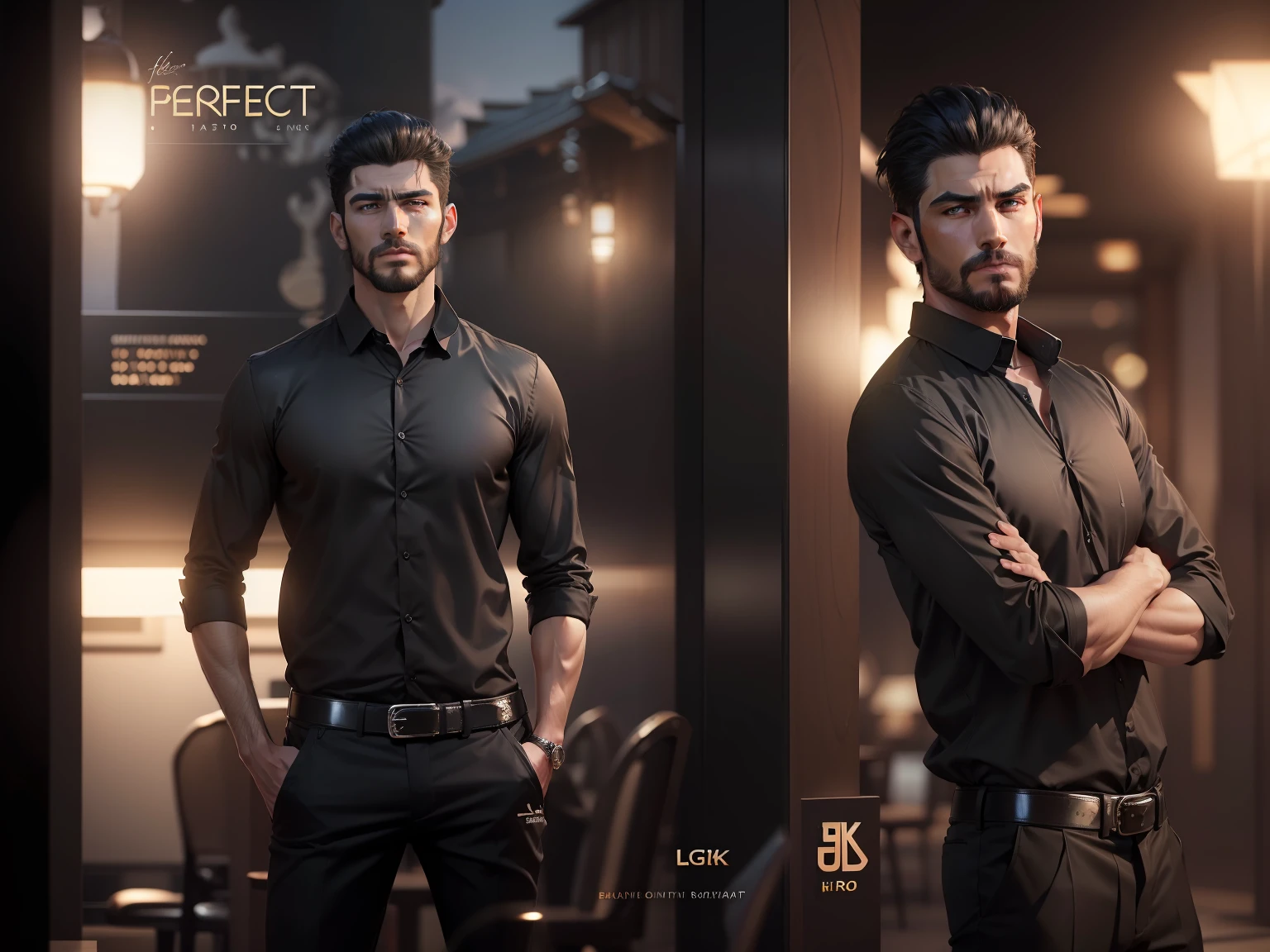 ((Change background luxury resort )), (black shirt and black pant )), ((handsome )), realistic ((Best Quality, 8k, Masterpiece: 1.3)