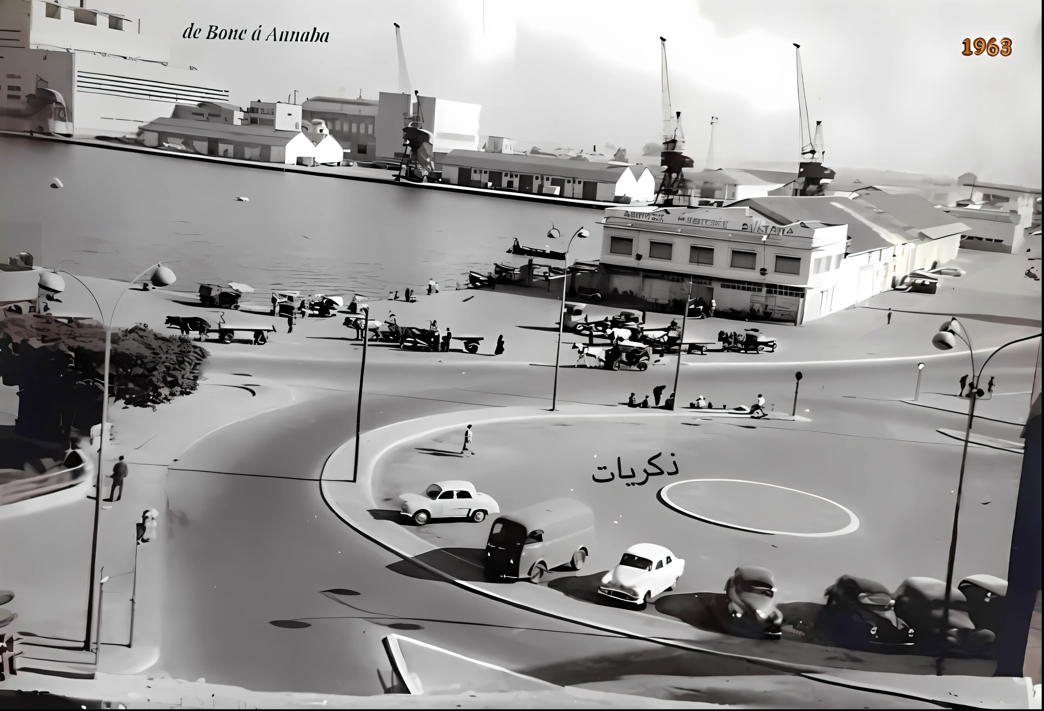 There is a black and white photo of a city with cars and people, 1 9 4 0 photo, taken in the early 1960s, An amusement park in ancient Egypt, Image historique, Image historique, Photos historiques vers 1 9 4 7, Photographie historique, 1 9 4 8 photo, Photo from the 1940s