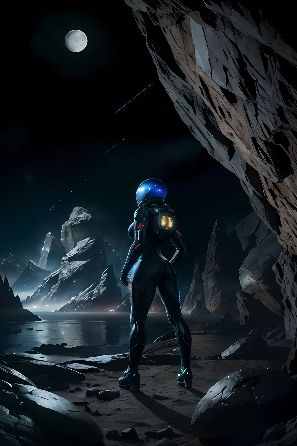 Highly detailed RAW color Photo,Rear Angle, Full Body, female space ninja, wearing tight full body latex suit and a futuristic space helmet, bending over a rock, outdoor looking up at the moon, athletic body, big ass, (mountains:1.1), (sci-fi), 50mm wide angle lens, cinematic lighting, raytracing, alien landscape with giant structures, (highly detailed, hyperdetailed, intricate), cinematic scene like the film prometheus from the aliens franchise