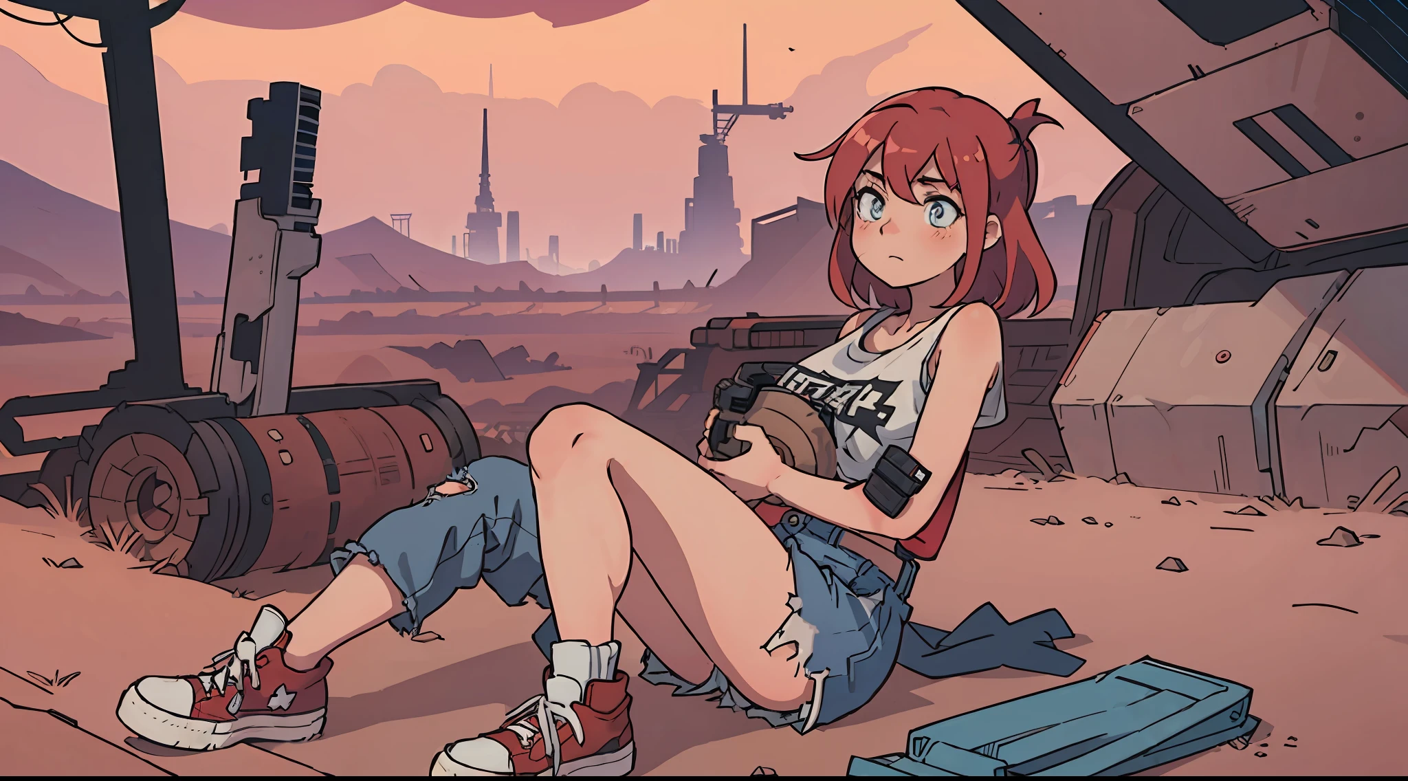 (best-quality:0.8), cute girl, crimson hair, grunge clothes, dusty pink converse shoes, alien pistol in right hand, large breast size, thick thighs in ripped jeans, dystopian mars landscape, dystopian, fantastic quality, hyper-realistic, no extra limbs, no deformities, 1 girl