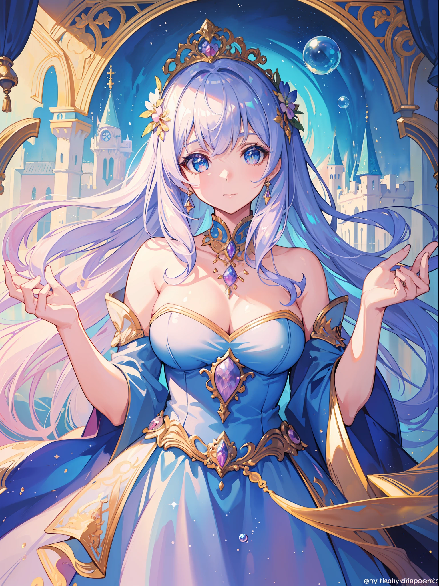 masterpiece, best quality, 8k resolution, sharp focus, intricate detail, beautiful girl, sparkling eyes, golden ratio face, otherworldly liquid, watercolor, ((pastel colors)), bright colors, whimsical, colorful, sharp focus, high resolution, fine detail, princess fantasy ballgown, ((round eyes)), iridescent bubbles, castle landscape in background