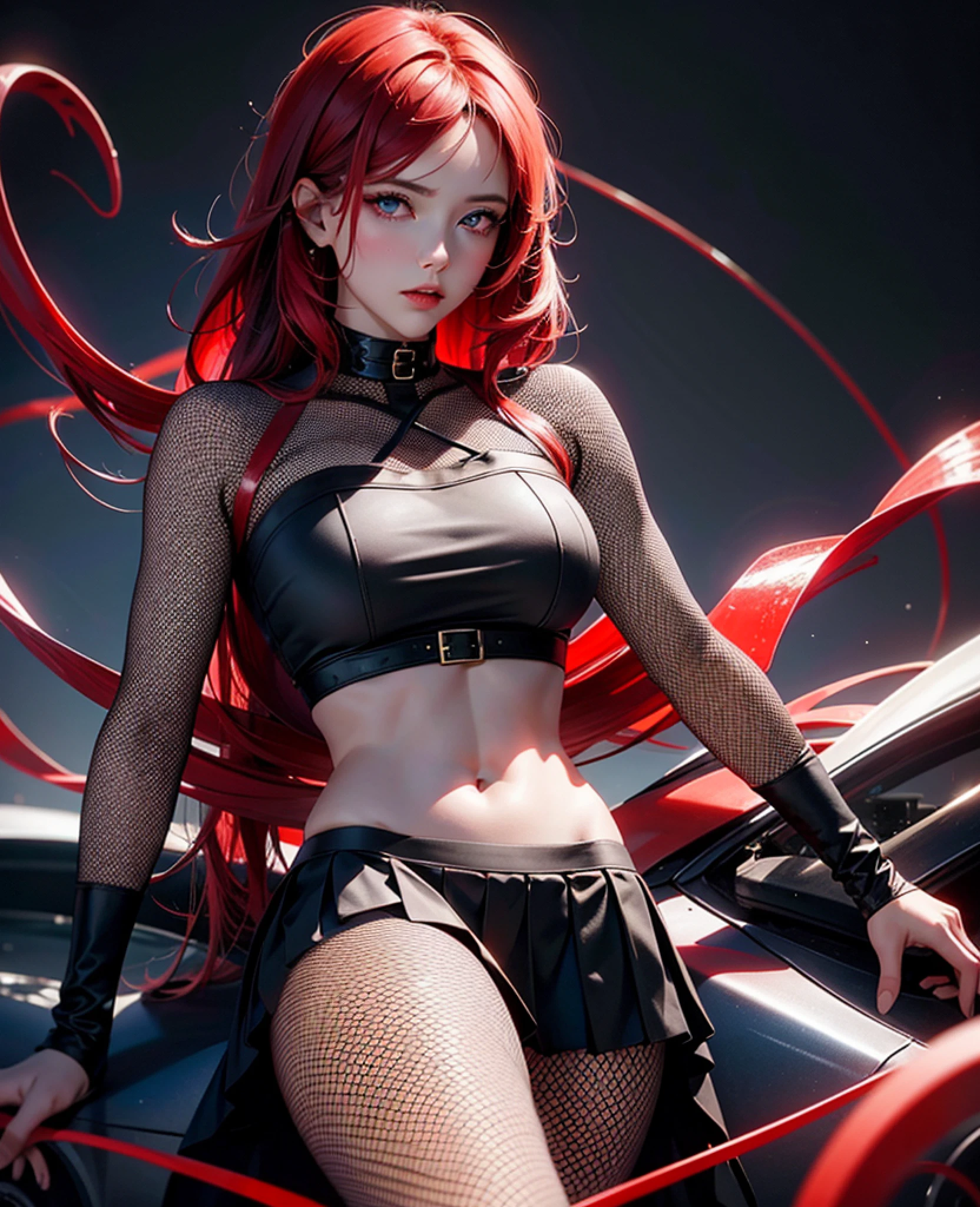 "8k high-resolution cinematic lightning, stunning girl with mesmerizing red glow eyes, emphasizing the upper body, capturing intricate details, artistic nsfw vibes, adorned in a chic pleated black skirt against a cold sky backdrop, hint of allure with fishnet accents."