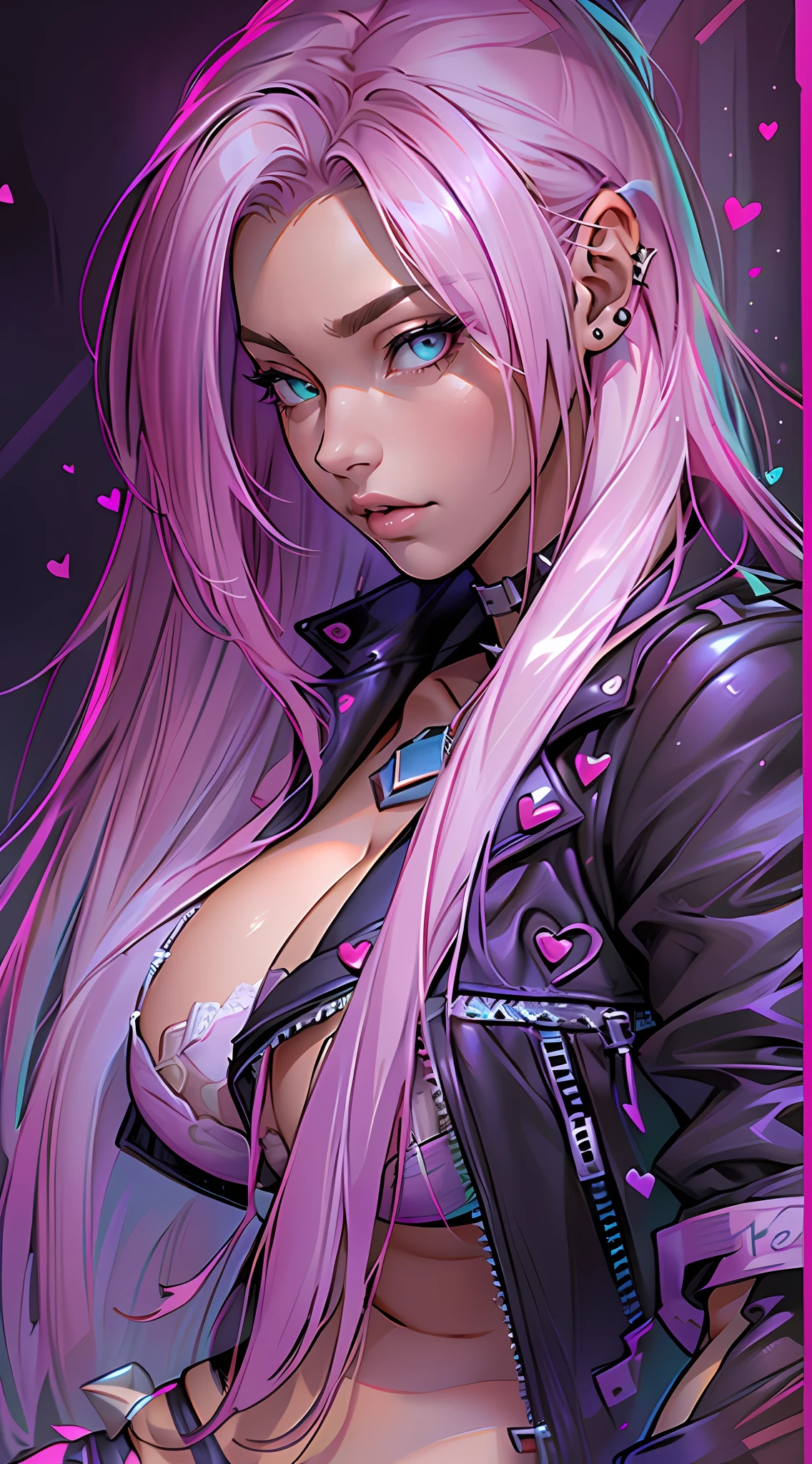 Loving, Love, (beautiful and clear background:1.2), high detailed eyes , underwear, lace, latex, Pink, Purple, mint, Blue, Yellow, lavender hair, body piercings, Loving, Love, ultra detail hair, Masterpiece, Best Quality, hiquality, hight resolution, detail enhancement, ((most beautiful image in the world)), Masterpiece, Best Quality, hiquality, hight resolution, detail enhancement, ((most beautiful image ), art by stjepan sejic, art by j scott campbell, Artist Guillem March, art by citemer liu, 4k, hight resolution,high quality detailed,   style of ::2.0 comix illustration style,hiquality, hight resolution, detail enhancement, 8K, HD, Best Quality, hiquality, hight resolution, detail enhancement, 8K, HDR, sharp-focus, Ultra Detailed, perfect  lighting, Curvy Body, Lush breasts, Curvy hips, rock, rock star, Cool,black leather jacket , style of, spikes, Cat's ears, Cool bracelets, Choker, Short shorts, fishnet pantyhose, Heart Print, Heart,