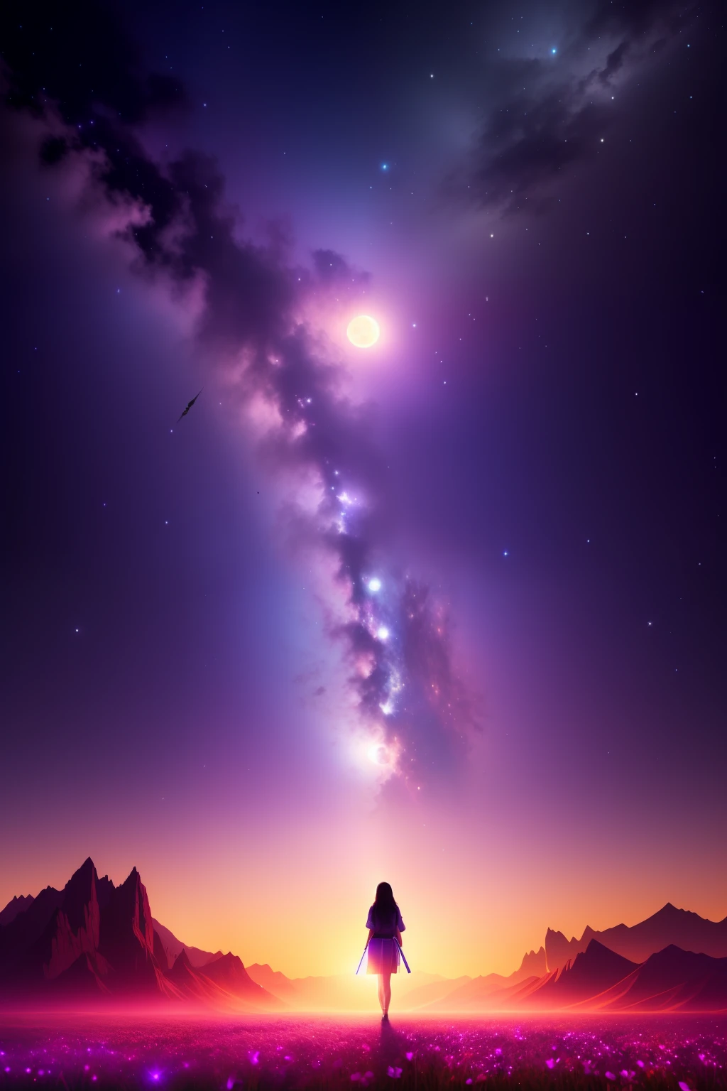 expansive landscape photograph , (a view from below that shows sky above and open field below), a girl standing on flower field looking up, (full moon:1.2), ( shooting stars:0.9), (nebula:1.3), distant mountain, tree BREAK
production art, (warm light source:1.2), (Firefly:1.2), lamp, lot of purple and orange, intricate details, volumetric lighting BREAK
(masterpiece:1.2), (best quality), 4k, ultra-detailed, (dynamic composition:1.4), highly detailed, colorful details,( iridescent colors:1.2), (glowing lighting, atmospheric lighting), dreamy, magical, (solo:1.2)