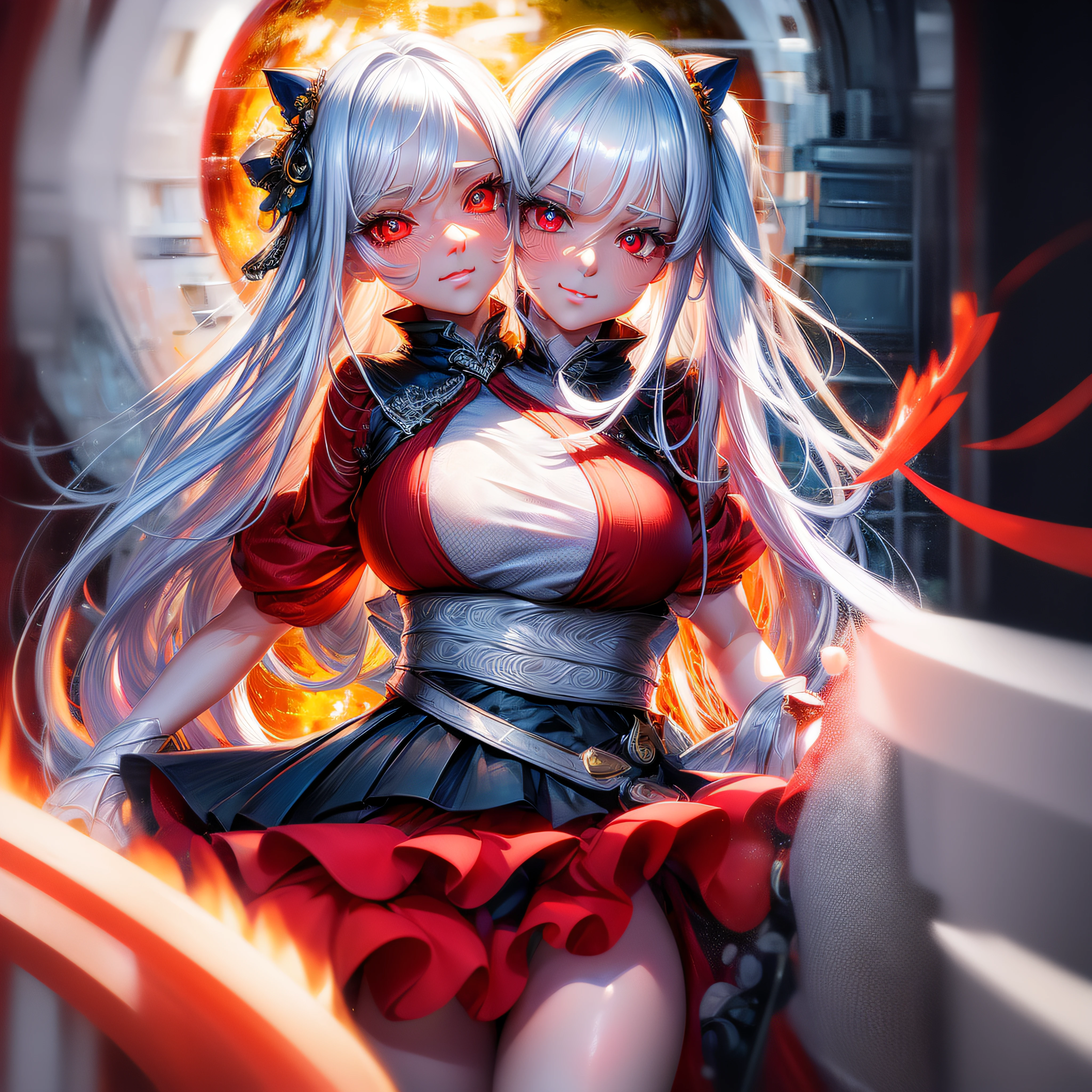 (highly detailed 8k wallpaper), best resolution, (2heads:1.5), 2heads, anime girl with two heads, white hair, red eye,(masterpiece, top quality, best quality, official art, beautiful and aesthetic:1.2), (1girl:1.3), (fractal art:1.3),absurd, masterpiece, best quality, realistic, hyper-detailed, (shiny skin, sweaty:1.4), looking at viewer, slender, solo, long hair, white hair, red eyes, (thick thighs:0.5), gap in between thighs, dynamic lighting, high resolution, sharp focus, depth of field, medium breasts, masterpiece, best quality, ultra-detailed, illustration, ultra-detailed face, best quality face, studio, white room backdrop, sexy pose, cute, kawaii, digital art, finely detailed eyes, blushing, red cheeks, realistic, glowing eyes, eye focus, ,((extremely_detailed_eyes_and_face)), casual clothes, smiling, curvy butt, bubble butt
