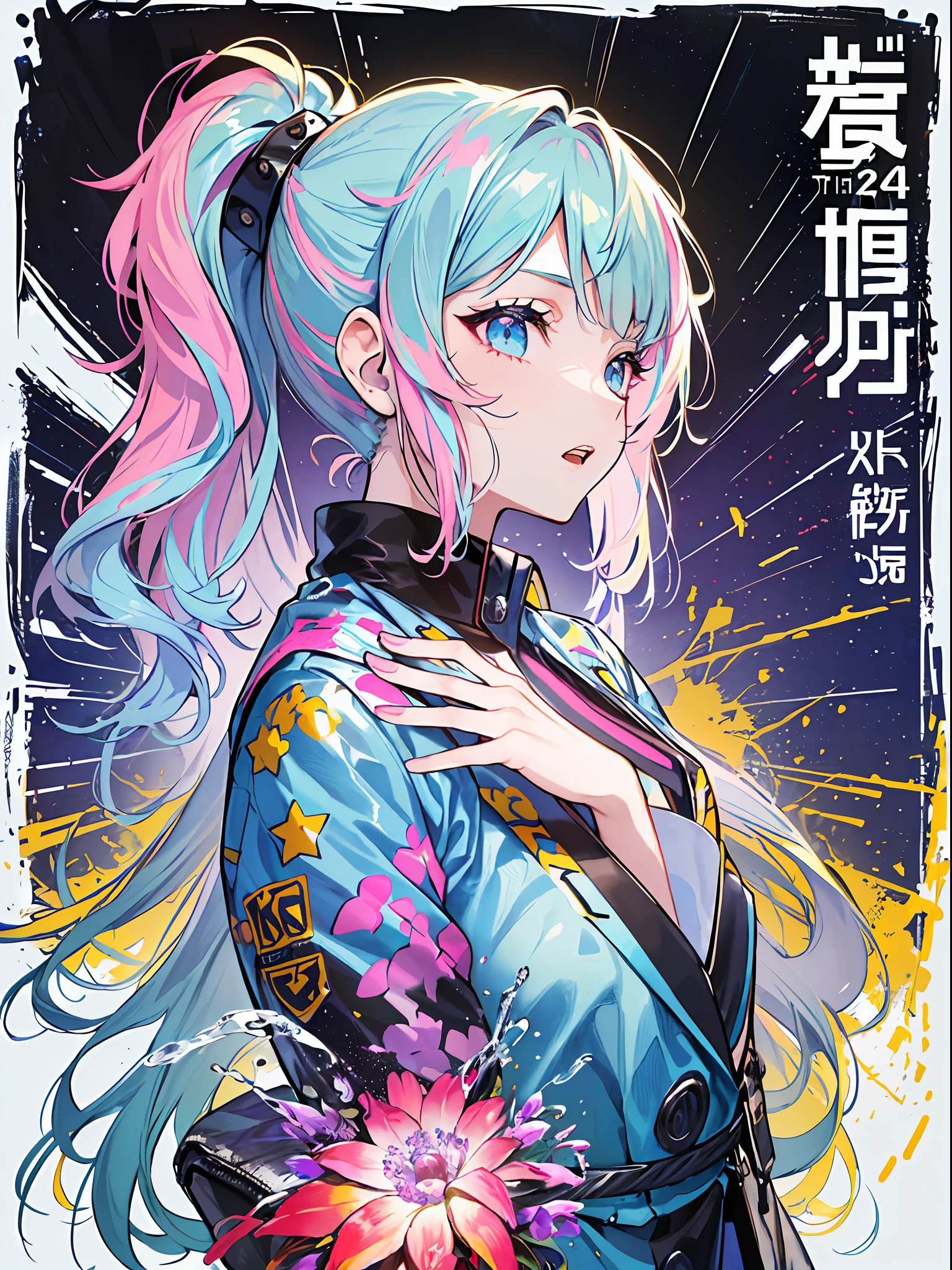 (masterpiece、top-quality、top-quality、watercolor paiting(Curly)、 (magazine:1.3), (cover-style:1.3), ((((Dramatic)))、(((gritty)))、(((vehement)))、Official art、Beautifully Aesthetic:1.2)、(1girl in:1.3)、(Fractal Art:1.3)、The upper part of the body、From Side、looking at the viewers、patterns、(rainbow-colored hair、colourful hair、Half blue and half pink hair:1.2)、Eau、liquids、clouds、colourfull、starrysky、stele、Tastes like a movie poster with a young woman as the protagonist。She wears stylish and edgy clothes、I have a determined look on my face。Bright and grainy background、Makes you feel danger and strength。Text is bold and attention-grabbing、Has a catchy tagline that adds to the overall sense of drama and excitement。The color palette is predominantly bright、There are splashes of bright colors、It gives the poster a dynamic and visually striking look。Fashionable, with a vibrant, outfits, the pose, the front, Colorful, Dynamic, Background with, element, accessorized, An majestic, coiled, surroundings, Touch, The scene, Texto, covers, It's bold, captures the attention, Titles, Stylish, Font, Catchy, headline, The large, Impressive, moderno, Trendy, Focus, lo fashion,