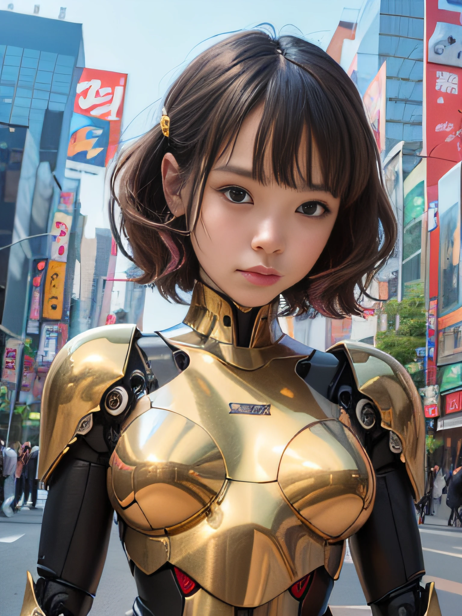 (Photorealsitic:1.4)、Onegirl、(top-quality),(hyperdetailed face)、(Super well-formed face)、((Robot Parts))、(Cyborg girl)、(gold)、(pink there)、(metalic)、(fullllbody)、(sexy  pose)、(Slender body)、(tits out)、(Model body type)、(mecha exposure)、(akihabara)、(is looking at the camera)、(A dark-haired)、(９Head and body)、(a small face)、(Idol)、(front facing)、(is standing)、(Photo session)、(Looks sad)、(Cyborg girl in Burgundy satin dress)、(sleeve less)、(a miniskirt)