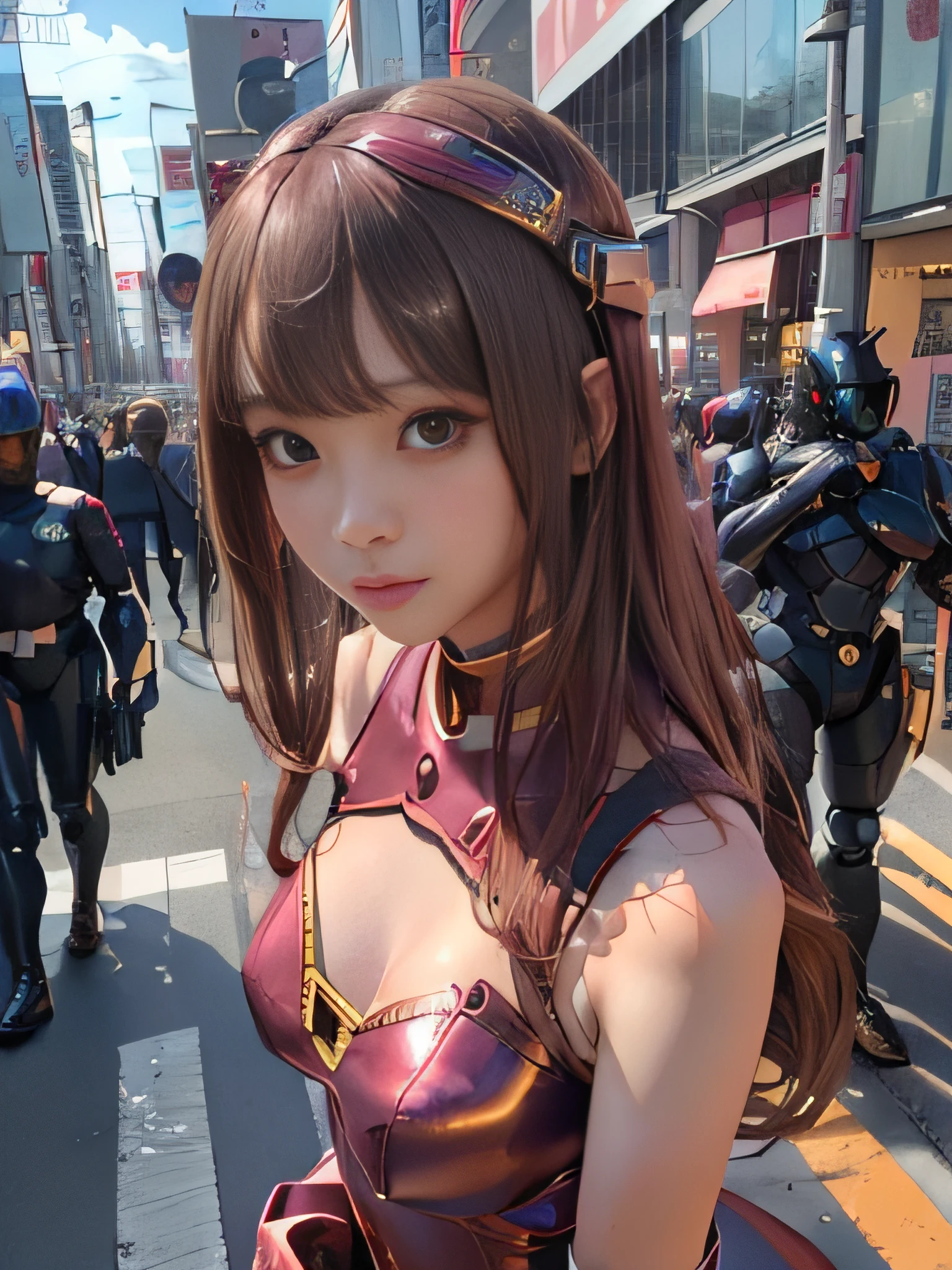 (Photorealsitic:1.4)、Onegirl、(top-quality),(hyperdetailed face)、(Super well-formed face)、((Robot Parts))、(Cyborg girl)、(gold)、(pink there)、(metalic)、(fullllbody)、(sexy  pose)、(Slender body)、(tits out)、(Model body type)、(mecha exposure)、(akihabara)、(is looking at the camera)、(A dark-haired)、(９Head and body)、(a small face)、(Idol)、(front facing)、(is standing)、(Photo session)、(Looks sad)、(Cyborg girl in Burgundy satin dress)、(sleeve less)、(a miniskirt)