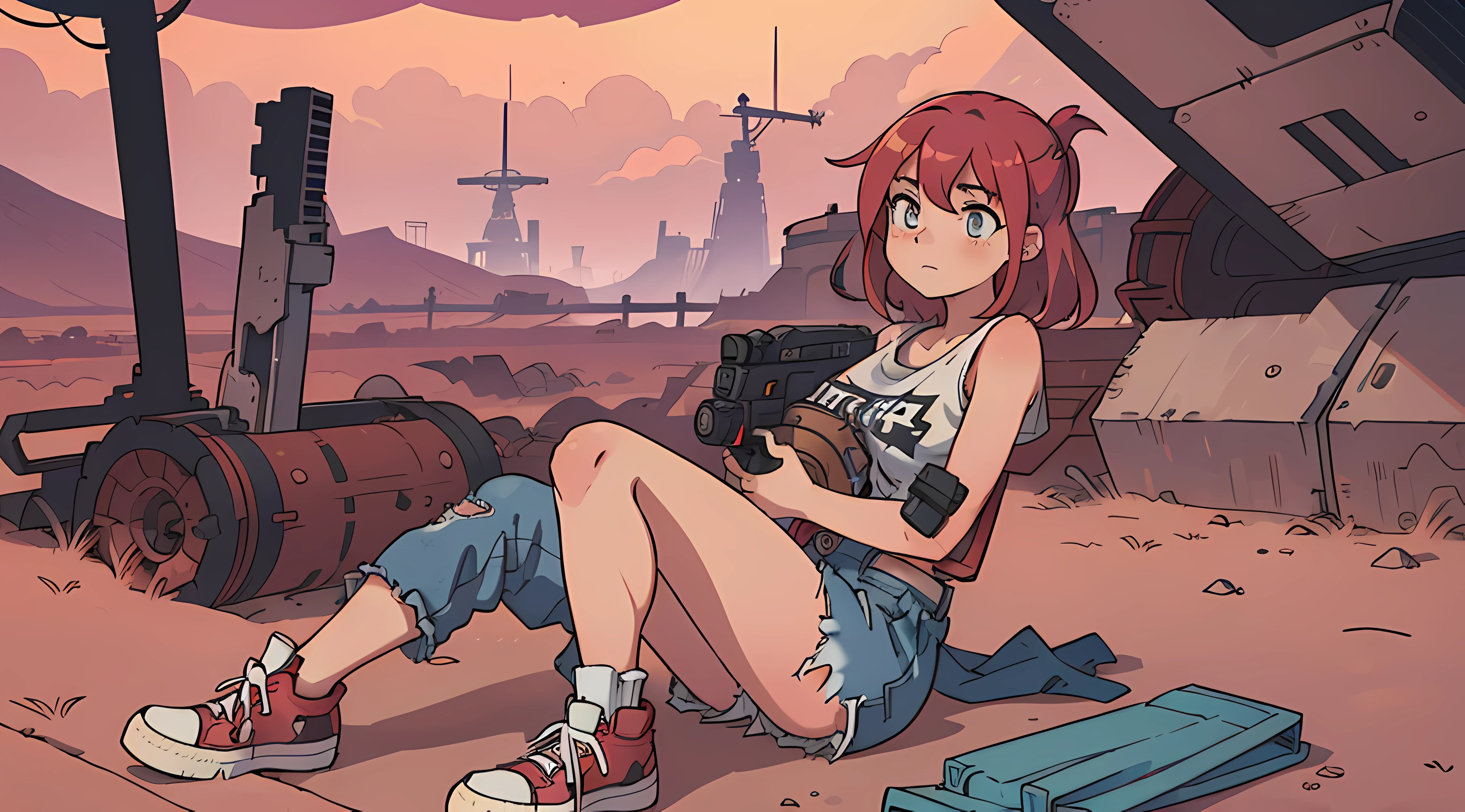(best-quality:0.8), cute girl, crimson hair, grunge clothes, dusty pink converse shoes, glowing sci-fi pistol in right hand, large  size, thick thighs in ripped jeans, dystopian mars landscape, dystopian, fantastic quality, hyper-realistic, no extra limbs, no deformities, 1 girl