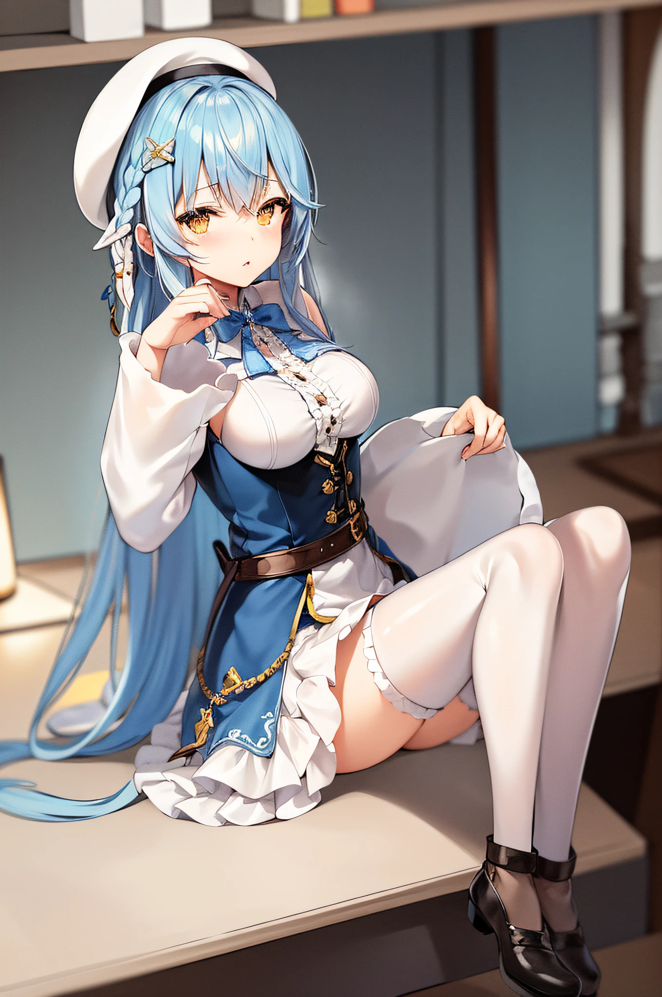 ​masterpiece, top-quality, ighly detailed, full body Esbian, 1girl in, 独奏,hair adornments,White beret,superfine illustration,Sit up,inside in room