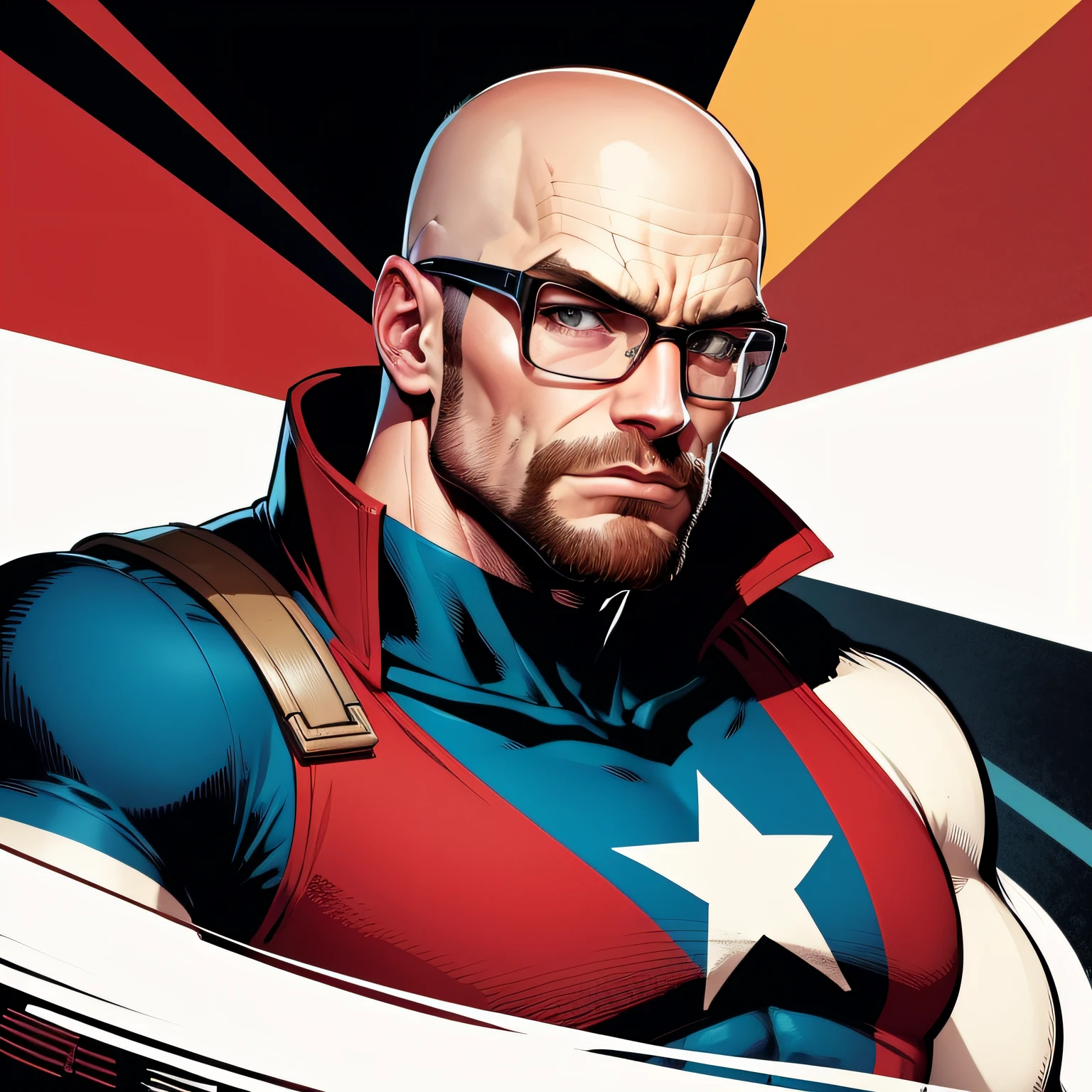 Captain communist, soldierboy, captain american, fitbody, communism symbol, heroic, cartoon style, comic style, rich color, smooth, heroic face, bald, no hair, heroic posing, glasses.