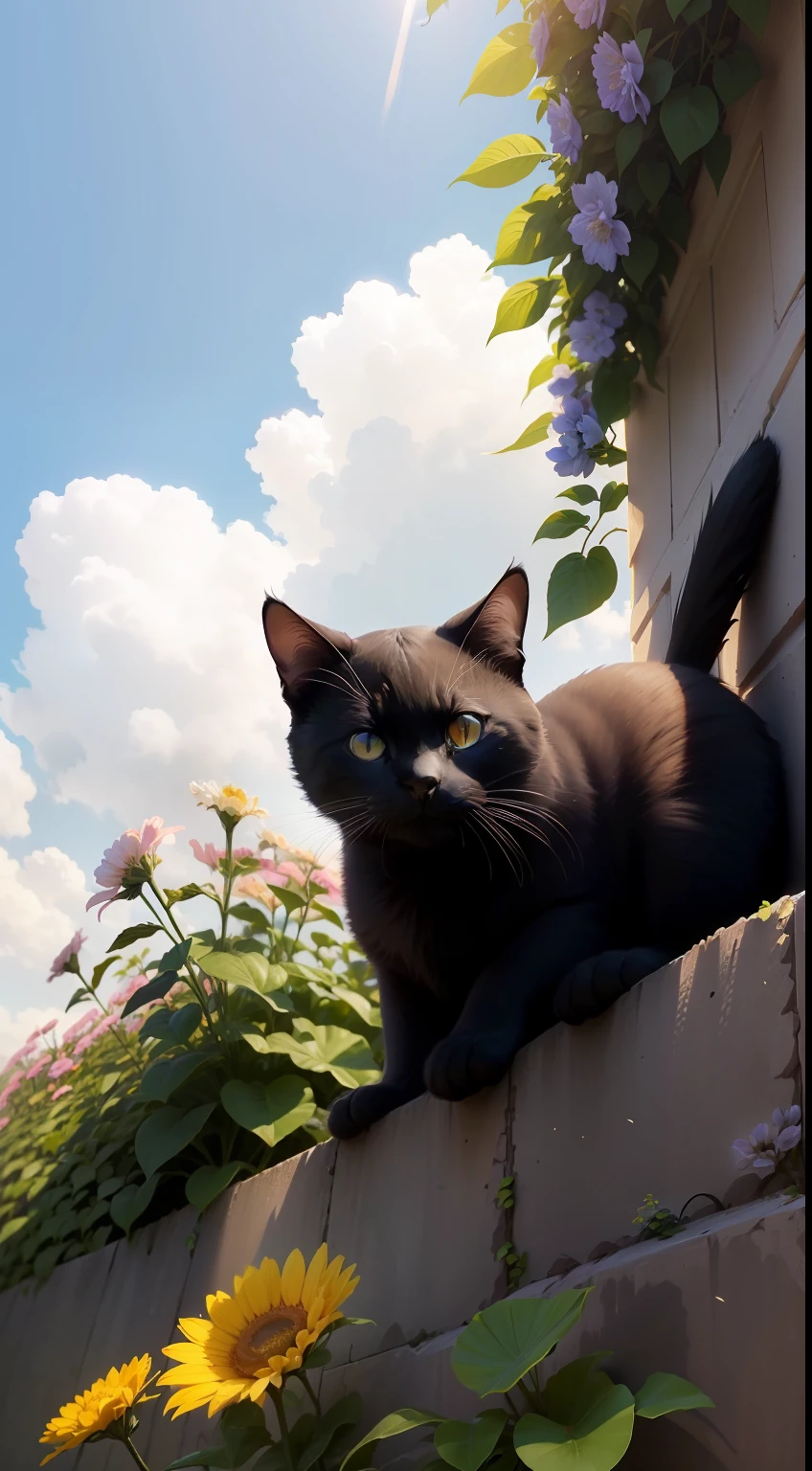 A small black cat hiding behind flowers, jardim com flores, dia ensolarado, sunlight, blue skies, queda de folhas, outono, master part, best quality, (muito detalhado CG unidade 8k papel de parede) (best quality), (best illustration), (melhores sombras)