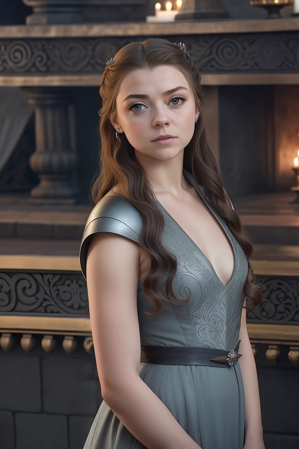 um close up de uma mulher em um vestido em frente a uma lareira, Natalie Dormer, Chance, Sansa Stark, Estilo de Game of Thrones, linda senhora, Estilo Game of Thrones, mulher linda, mulher deslumbrante, Espinhos, Regal Pose, arya stark as venus, mas um olhar severo sobre ela, A Guerra dos Tronos, fan favorite, bonita, cabelos castanhos, anime