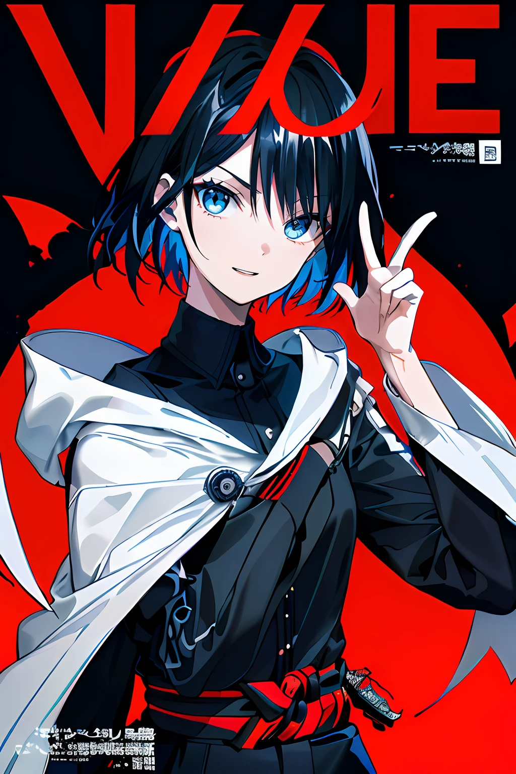((((Dramatic))), (((ridicule))), (((Intense))) ,The movie poster features a young woman as the central character。ssmile,She stands confidently in the center of the poster,Upper body portrait,tall and straight,Black color hair,short detailed hair,Black eyes,Wear loose and casual clothing,With an excited expression on his face, A blurry and crazy figure appears in the background,The background is dark black,There is a deep and strong feeling。The text is bold and eye-catching,The text is dark blue,With catchy slogans,Adds to the overall drama and excitement。The color palette is dominated by dark colors,Make the poster dynamic and visually striking,tachi-e (Magazines:1.3), (Cover-style:1.3), Fashionab, mtu, garments, posing on a, Front,rich colourful,dyna,Background with,element in,self-assured,Expressing the,halter,statement,Attachment,A majestic,coil,Runt,Cover of a,boldness,attention-grabbing,titles,Fashionab,typeface,Catchy,titles,more big、moderno、Trendy、focus-on、Fashionab、