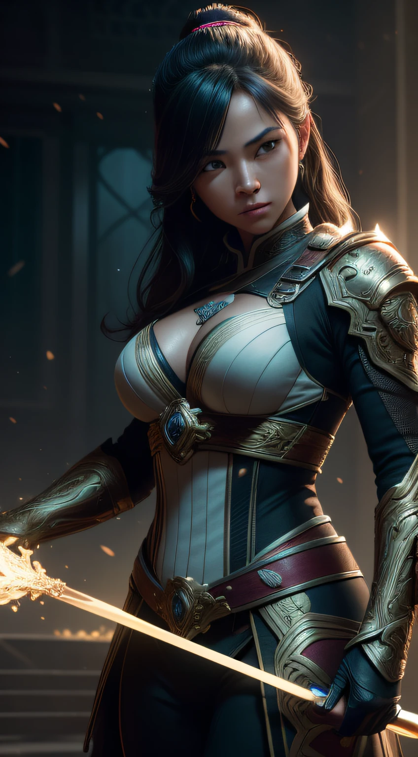 [samurai mulher], Cinematic, Photoshoot, Shot on 25mm lens, Depth of Field, Tilt Blur, Shutter Speed 1/1000, F/22, White Balance, 32k, Super-Resolution, Pro Photo RGB, Half rear Lighting, Backlight, Dramatic Lighting, Incandescent, Soft Lighting, Volumetric, Conte-Jour, Global Illumination, Screen Space Global Illumination, Scattering, Shadows, Rough, Shimmering, Lumen Reflections, Screen Space Reflections, Diffraction Grading, Chromatic Aberration, GB Displacement, Scan Lines, Ambient Occlusion, Anti-Aliasing, FKAA, TXAA, RTX, SSAO, OpenGL-Shader’s, Post Processing, Post-Production, Cell Shading, Tone Mapping, CGI, VFX, SFX, ly detailed and intricate, hyper maximalist, elegant, dynamic pose, photography, volumetric, ultra-detailed, intricate details, super detailed, ambient