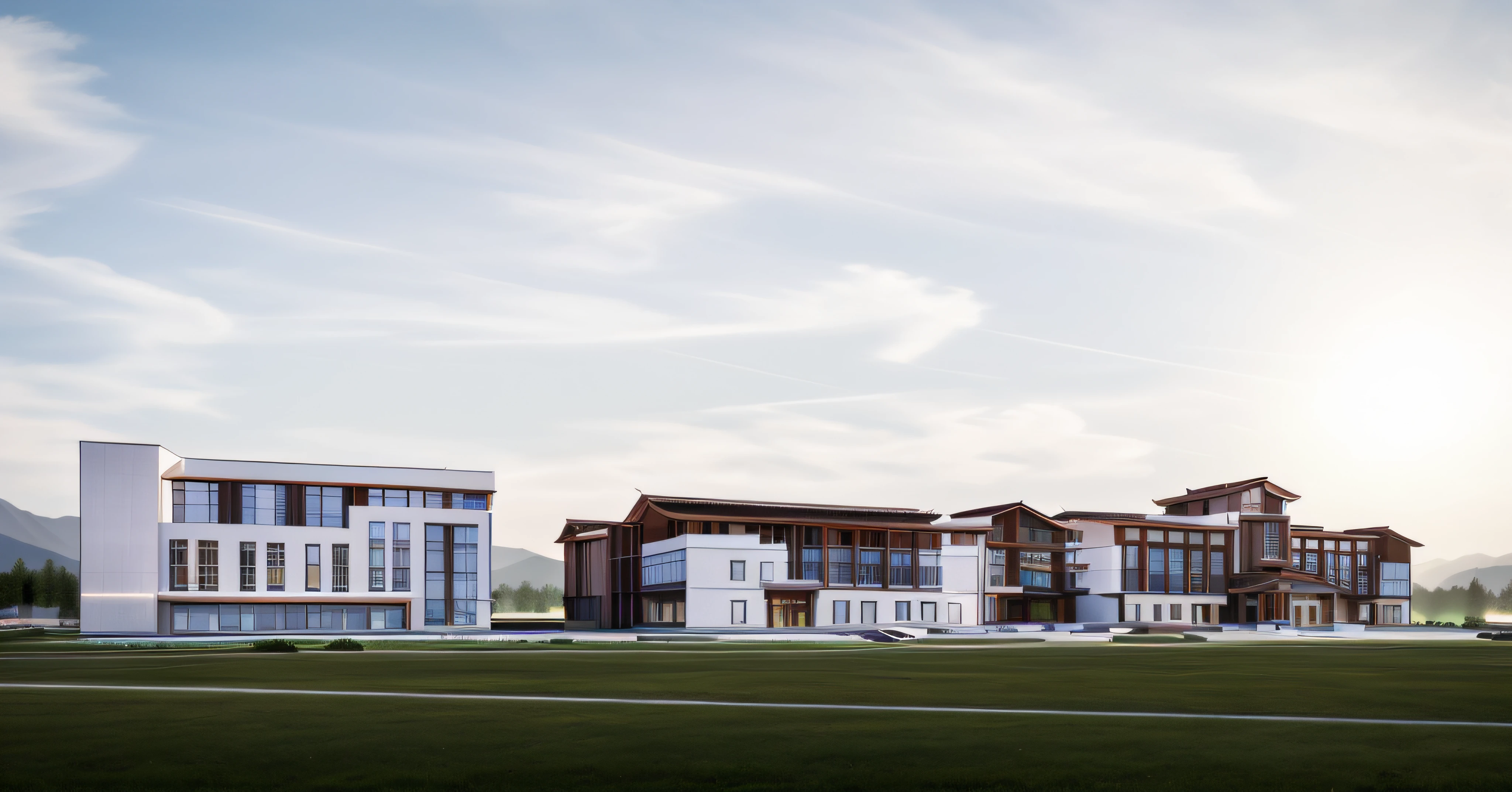 Lijiang,5 stars hotel,(tmasterpiece,Sunny weather,ssee-through,Four floors),Reflective glass,White wall,A fusion of modern and vernacular architecture,The roof has curves and warping angles,realistic cgi render,archviz,grassy fields,clear blue skies