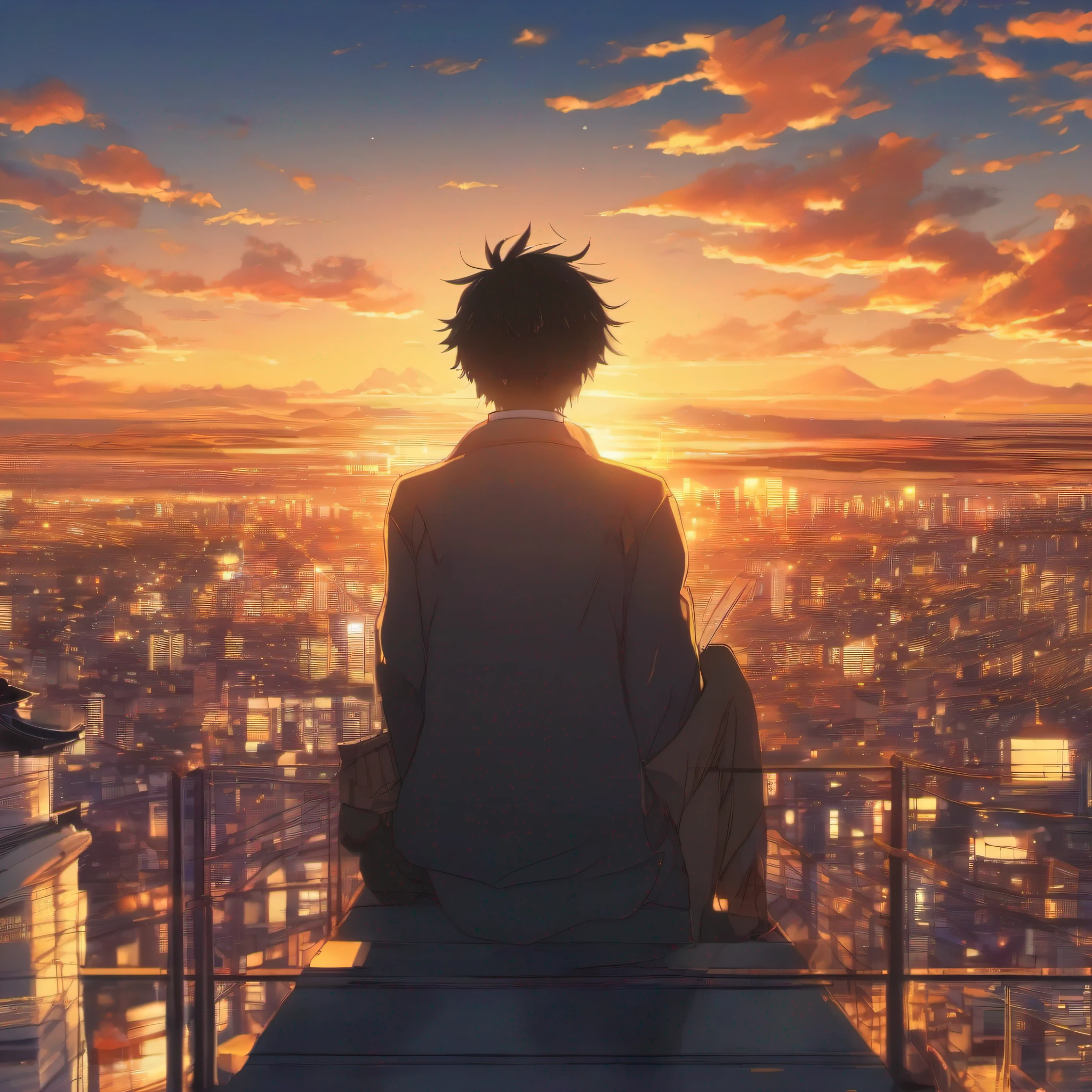 um homem, de costas, olhando uma paisagem linda, por-do-Sol, cidade japonesa, yellowish lighting, Radiant sky