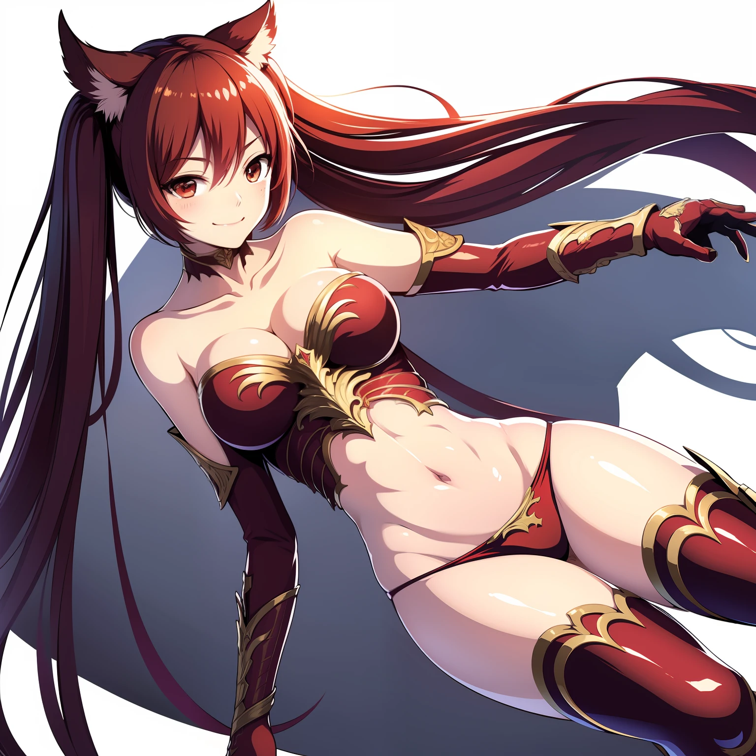 1girl, animal_ears, bare_shoulders, cerberus_(shingeki_no_bahamut), commentary_request, copyright_name, cowboy_shot, dated, lm7_(op-center), long_hair, looking_at_viewer, navel, red_eyes, red_hair, shingeki_no_bahamut, shingeki_no_bahamut:_genesis, sketch, smile, solo, twintails, very_long_hair, white_background