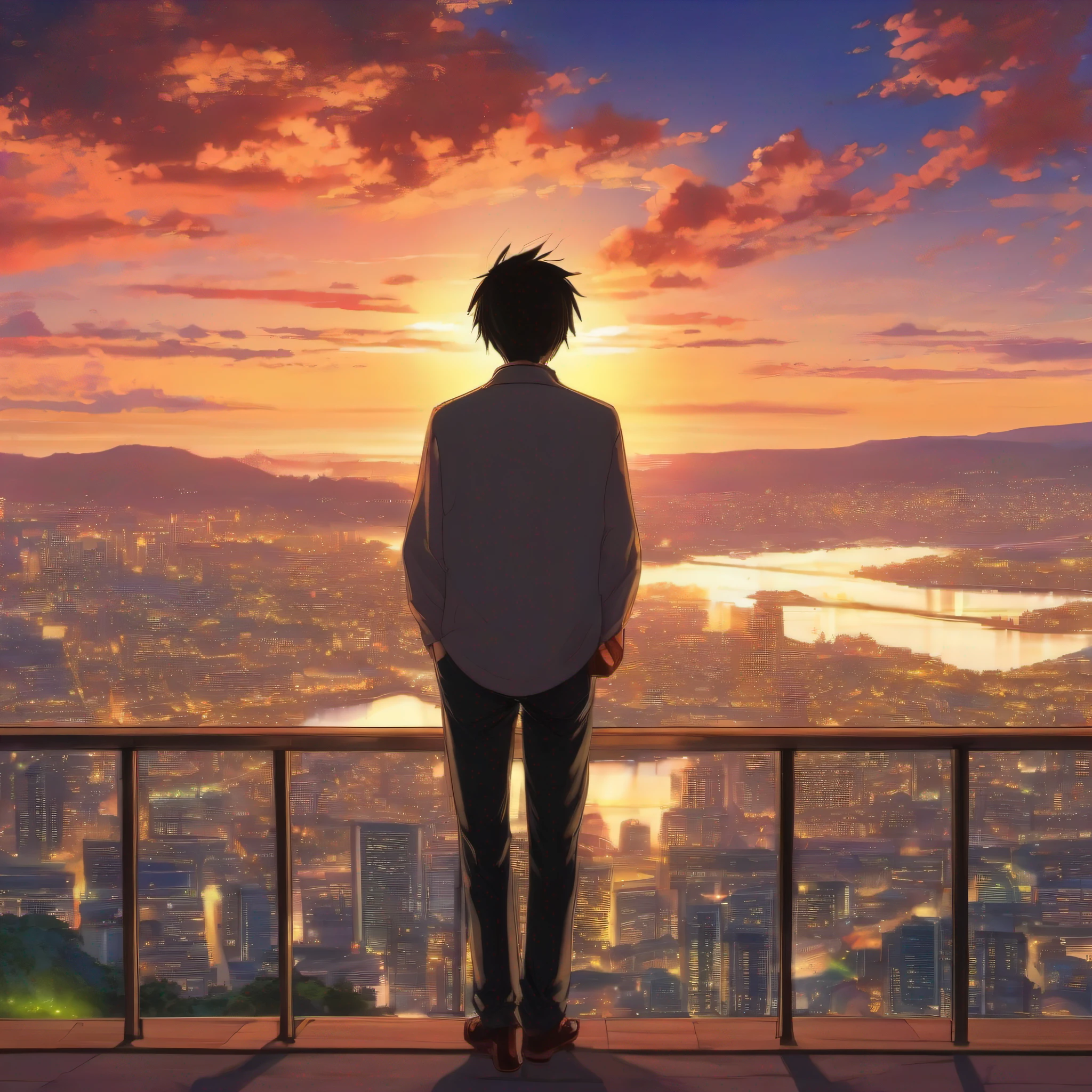 um homem, de costas, olhando uma paisagem linda, por-do-Sol, cidade japonesa, yellowish lighting, Radiant sky