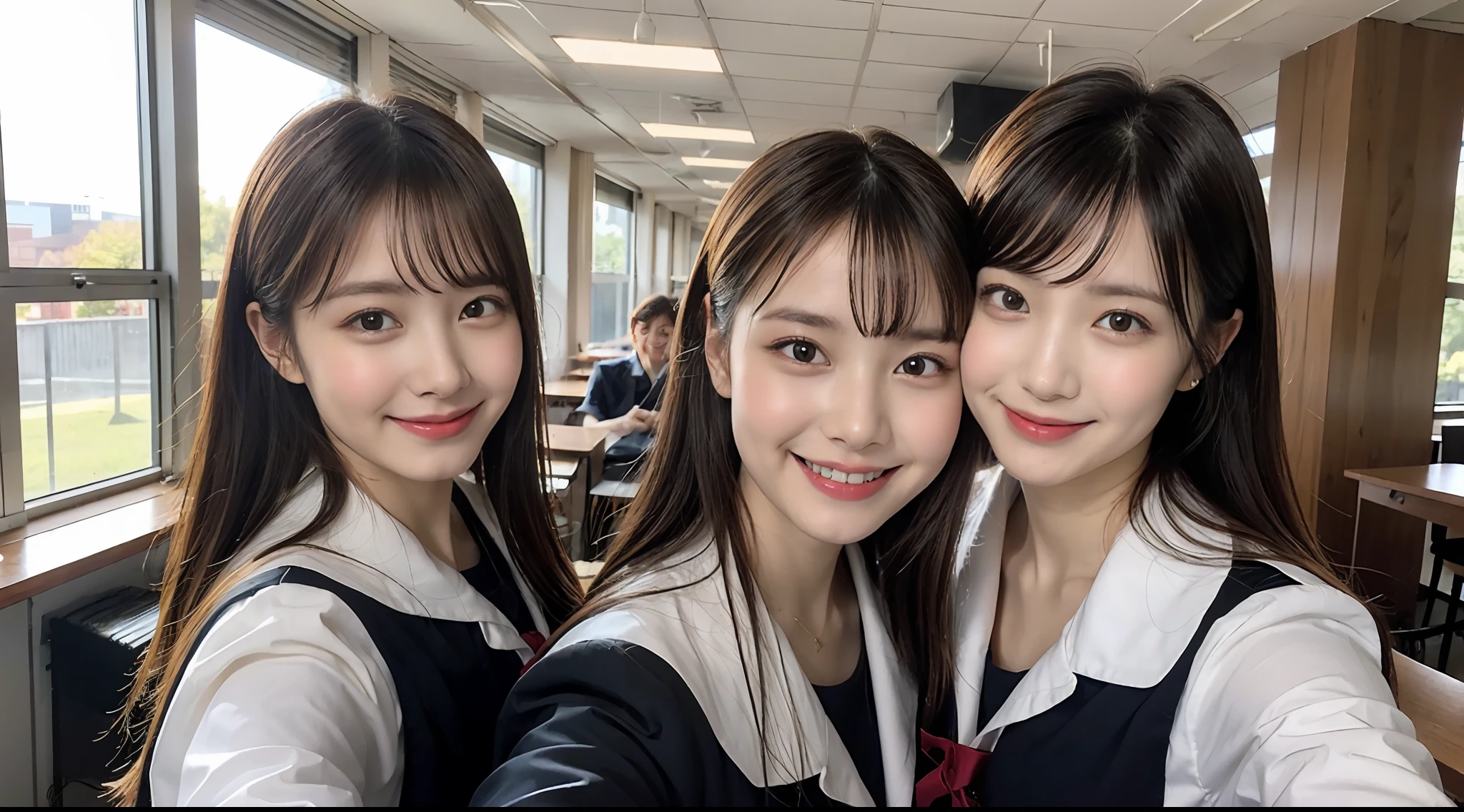 (8K、Raw photography、top-quality、masterpiece:1.2)、ultra-detailliert、ultra res、(hyper reality、)ultra-detailliert、ultra res、(realisitic、Real Photographics:1.47)、(Hugging each other)Leaning closer、(Fantastic lighting)Hugging、电影灯光、de pele branca、Fair-skinned female proofreading、An ultra-high picture quality、Stylish lighting、Beautiful female proofreading reflecting in light、amazing detailed、Beautiful girls in very detailed、Faces with different patterns、Different face patterns、Each hairstyle has its own characteristics、Farbe々Hairstyle、Farbe々Hair color、Circle of Angels、Super good friend、Good female proofreaders are playing、Having a conversation in a classroom at school、Brown hair shining in the light、One has a ponytail、、Modern cute high school girl、very detailed faces very detailed eyes、Very realistic skin、 extremely detailed fingers, highly detailed nose, highly detail mouth, perfect anatomia, Highly detailed sailor suit、highly detailed back ground,After school、Smiling school girls are gathered in the hallway of the school。They are hugging each other in uniform、Light from bright windows illuminates the classroom、The details of their hair and uniforms shine through.。, famous Japan idol, cute little, Realistic body, de pele branca, glistning skin, Slim body, Long straight hair, (Blunt bangs:1.2), two young women in school uniforms hugging each other in a hallway, two japanese schoolgirls posing, nixeu and sakimichan, TWICE, Seifuku, sakimichan, JK Uniform, wearing japanese school uniform,