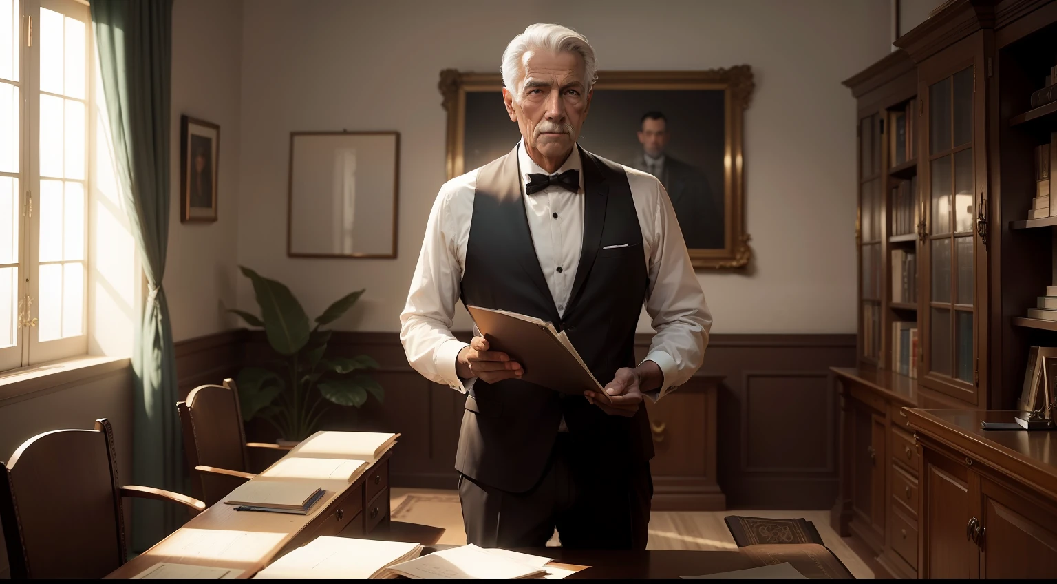 Draw a black and white illustration of George Samuel Clason, author of the book 'The Richest Man in Babylon', com 80 anos de idade, sentado de pernas cruzadas em uma poltrona de couro, in a classic office. Be sure to portray him with an appearance appropriate to the era in which he lived, wearing clothes from the early twentieth century. The office should have a vintage décor, com estantes de livros cheias de volumes antigos, an elegant carpet on the floor and a wooden table with papers and a fountain pen. A luz deve vir de uma janela alta, casting interesting shadows around the room. The focus of the scene should be on Clason's serene and enigmatic face, de 80 anos, enquanto ele reflete sobre suas ideias financeiras atemporais.