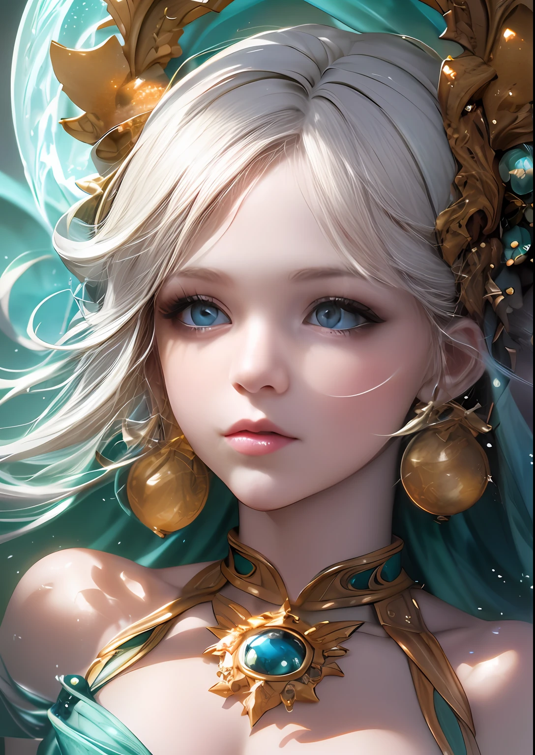 concept art by Greg Rutkowski, 8k digital art, girl, 8k digital art, Baptiste Monge style, oceanfront, t-shirt design aesthetics, high detail, dark tone Artgerm, WLOP, Hasselblad, buff painting, 8K, HDR, RGB, Ultra-HD, graffiti + maximalism + wild style,  Jean-Bapti style ste monge, shiny, beautiful girl, glittering, cute adorable filigree, edge lighting, lights, surreal, fantasy, digital art, wlop, artgerm and james jean, floating antique clock, antique lamp, floating antique clock, tom bagshaw art station face, the perfect masterpiece, highest quality, the perfect artwork, 8K, upper body lens, frontal portrait, delicate face, looking at the audience, beautiful girl, magical transparent eyes, platinum hair and 3d fractals, colorful illustration, anime cartoon style, face of tom bagshaw art station, dreamy glow, golden, goddess