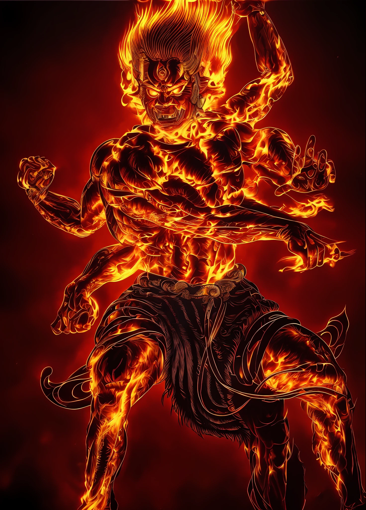 （Very detailed 8k wallpapers），iintricate，high detal，dramatics，Wang Minglu（Three heads and six arms），Angry and powerful warrior，Tiger leather skirt at the waist，Hair stands upside down like fire，The contour lines of the body are on fire，The sky behind him was covered in flames，Light，the fire，an award winning photograph, Masterpiece, Highest quality, solofocus, (Red skin:1.3), (demon:1.3) breaking through a mirror, author：Lee Jeffries Nikon D850 Film Stock Photo 4 Kodaport 400 Camera F1.6 lens rich colors hyper realistic lifelike texture dramatic lighting unrealengine trending on artstation cinestill 800,